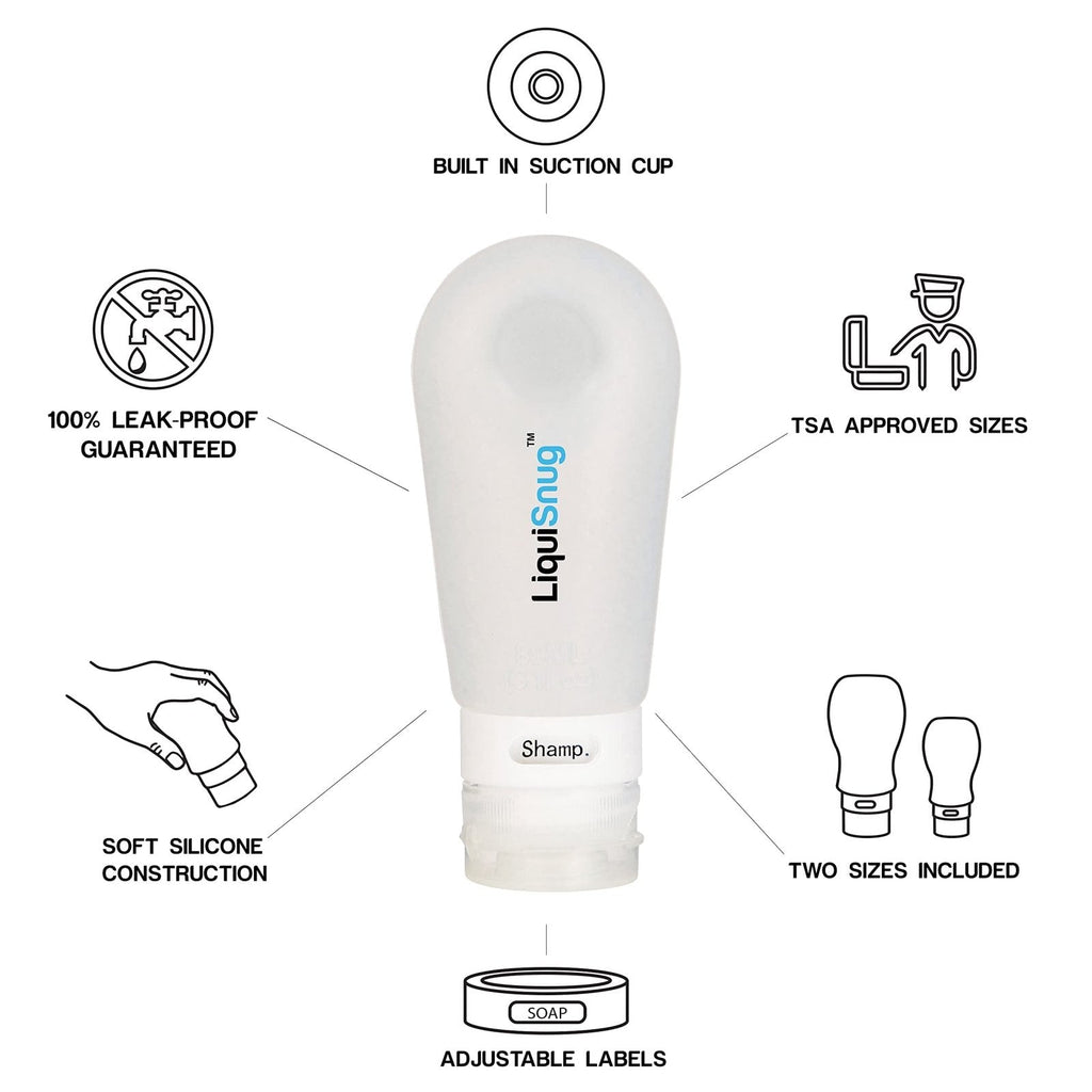 LiquiSnugs Premium - 100% Guaranteed Leak Proof Silicone Travel Bottles For Toiletries - TSA Approved Container. Premium Range Travel Shampoo Bottles with Suction Cups and Adjustable Labels