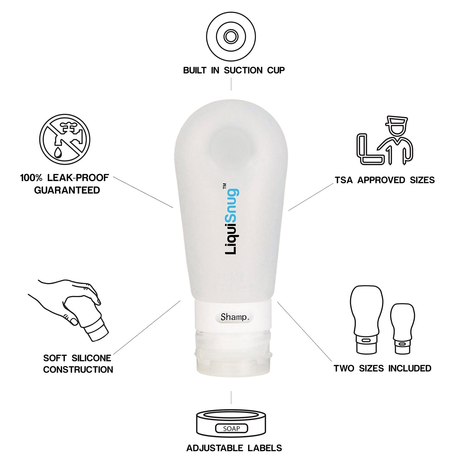 LiquiSnugs Premium - 100% Guaranteed Leak Proof Silicone Travel Bottles For Toiletries - TSA Approved Container. Premium Range Travel Shampoo Bottles with Suction Cups and Adjustable Labels