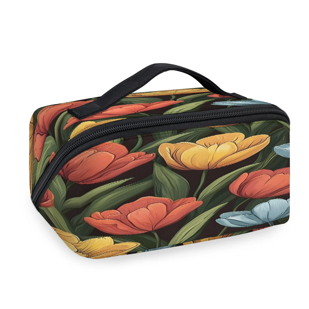LMHRMWGB Colorful Lily Blooms Travel Makeup Bag, 180° Wide Open Toiletry Bag with Brush Holder, Waterproof Polyester Travel Cosmetic Organizer with Dual Side Pockets for Women