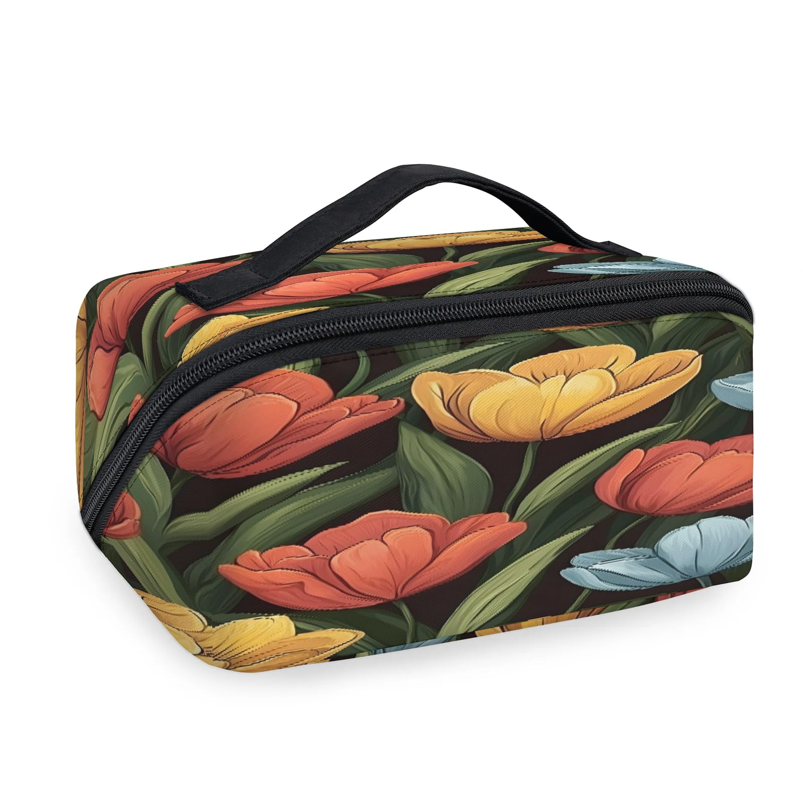 LMHRMWGB Colorful Lily Blooms Travel Makeup Bag, 180° Wide Open Toiletry Bag with Brush Holder, Waterproof Polyester Travel Cosmetic Organizer with Dual Side Pockets for Women