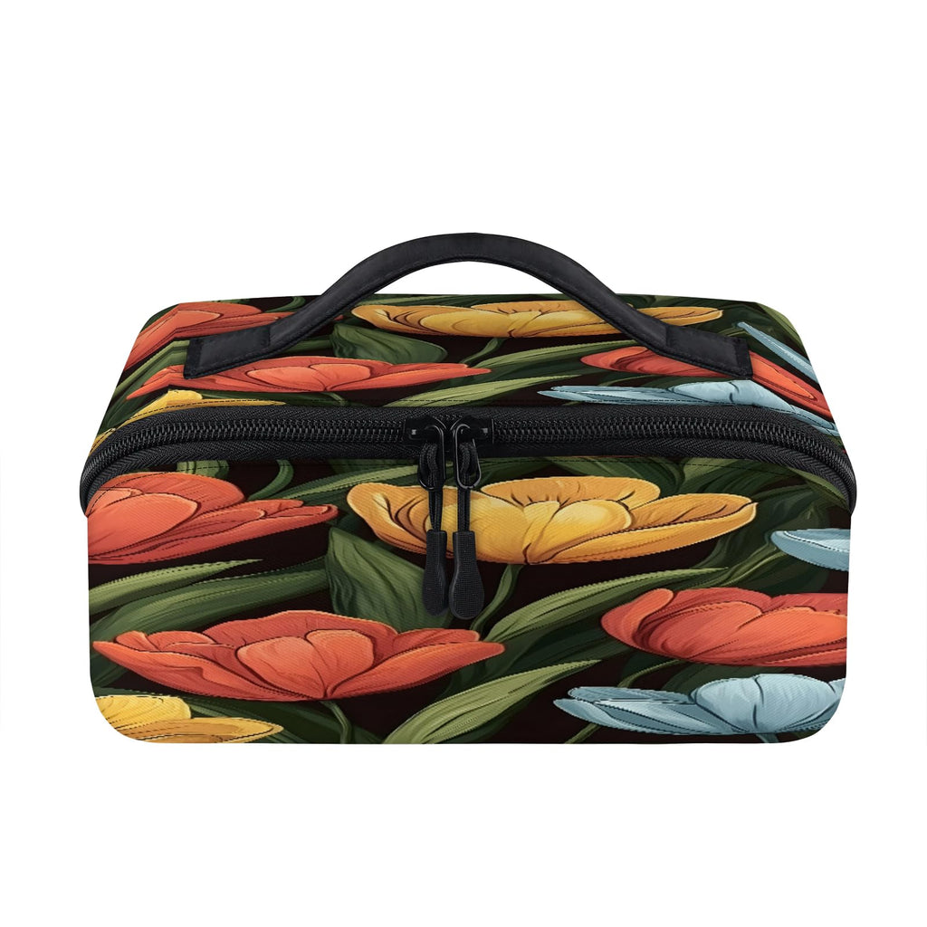 LMHRMWGB Colorful Lily Blooms Travel Makeup Bag, 180° Wide Open Toiletry Bag with Brush Holder, Waterproof Polyester Travel Cosmetic Organizer with Dual Side Pockets for Women