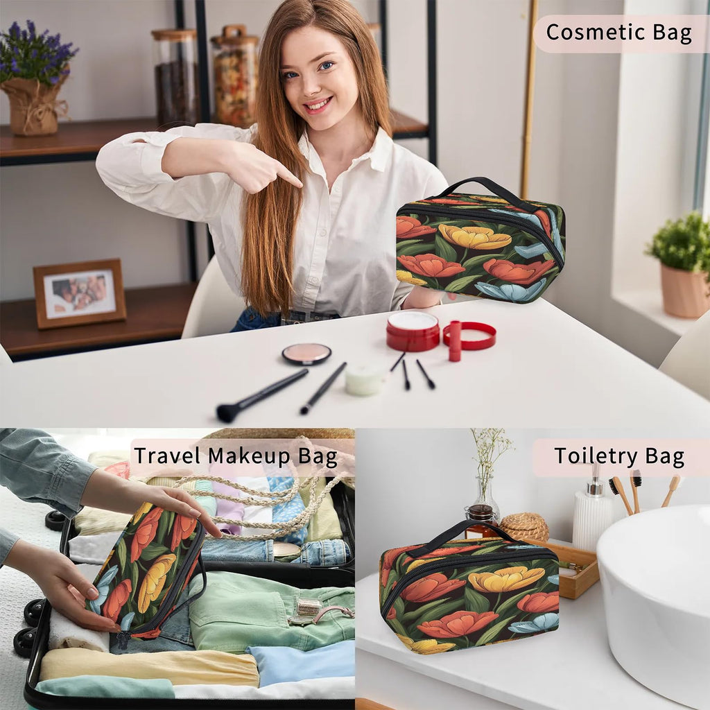 LMHRMWGB Colorful Lily Blooms Travel Makeup Bag, 180° Wide Open Toiletry Bag with Brush Holder, Waterproof Polyester Travel Cosmetic Organizer with Dual Side Pockets for Women