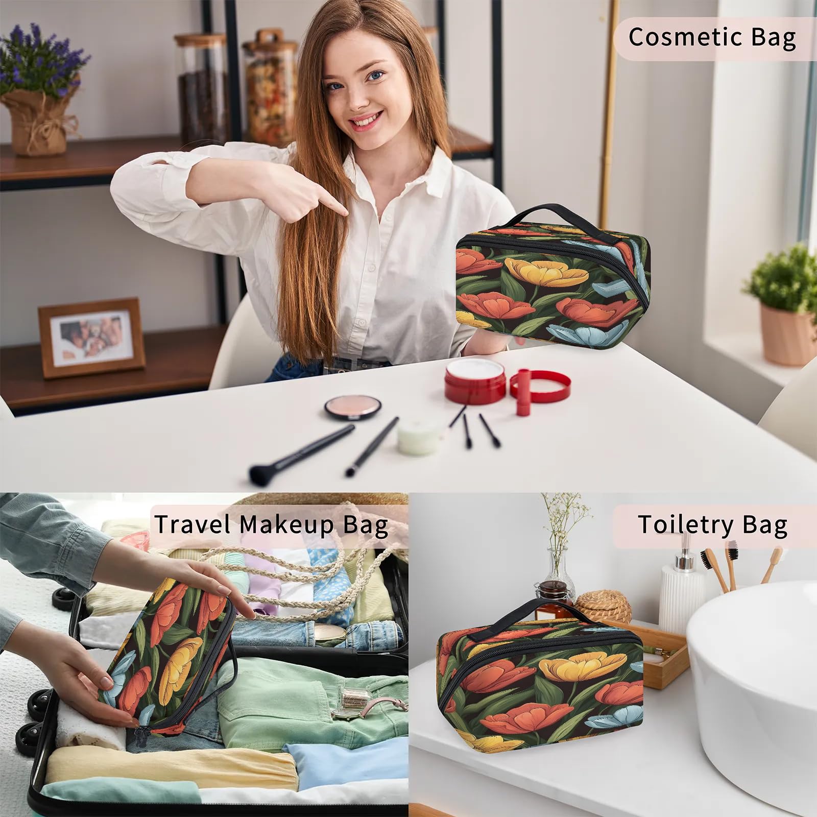 LMHRMWGB Colorful Lily Blooms Travel Makeup Bag, 180° Wide Open Toiletry Bag with Brush Holder, Waterproof Polyester Travel Cosmetic Organizer with Dual Side Pockets for Women