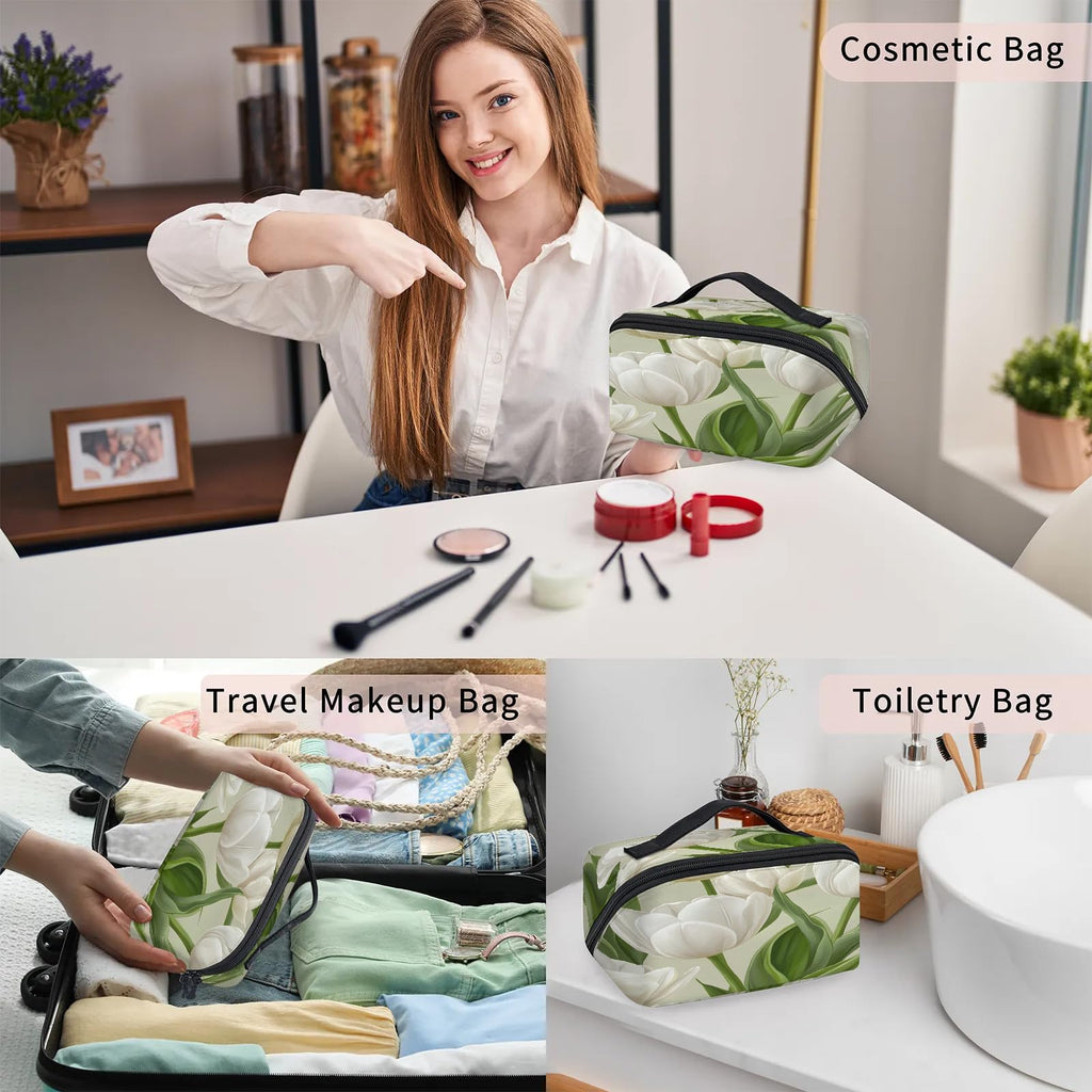 LMHRMWGB White Lily Blooms Travel Makeup Bag, 180° Wide Open Toiletry Bag with Brush Holder, Waterproof Polyester Travel Cosmetic Organizer with Dual Side Pockets for Women