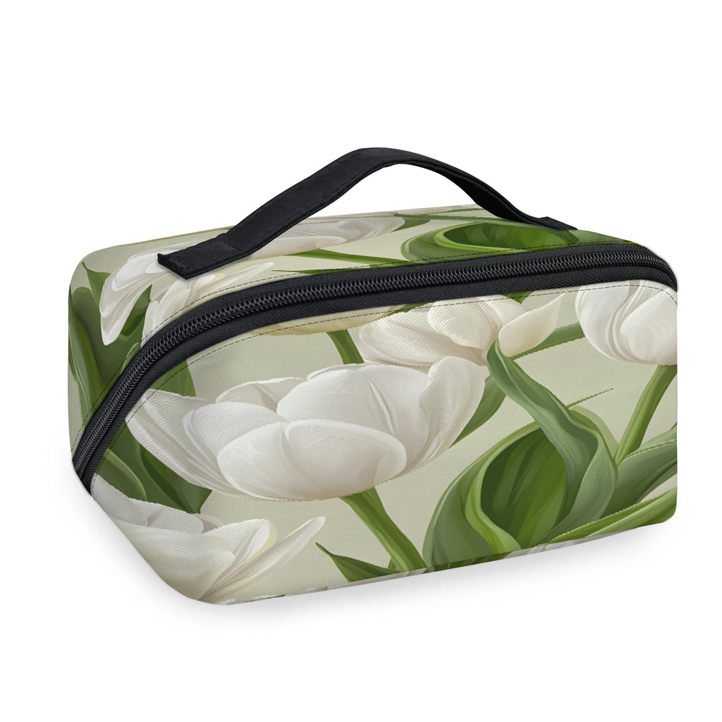 LMHRMWGB White Lily Blooms Travel Makeup Bag, 180° Wide Open Toiletry Bag with Brush Holder, Waterproof Polyester Travel Cosmetic Organizer with Dual Side Pockets for Women
