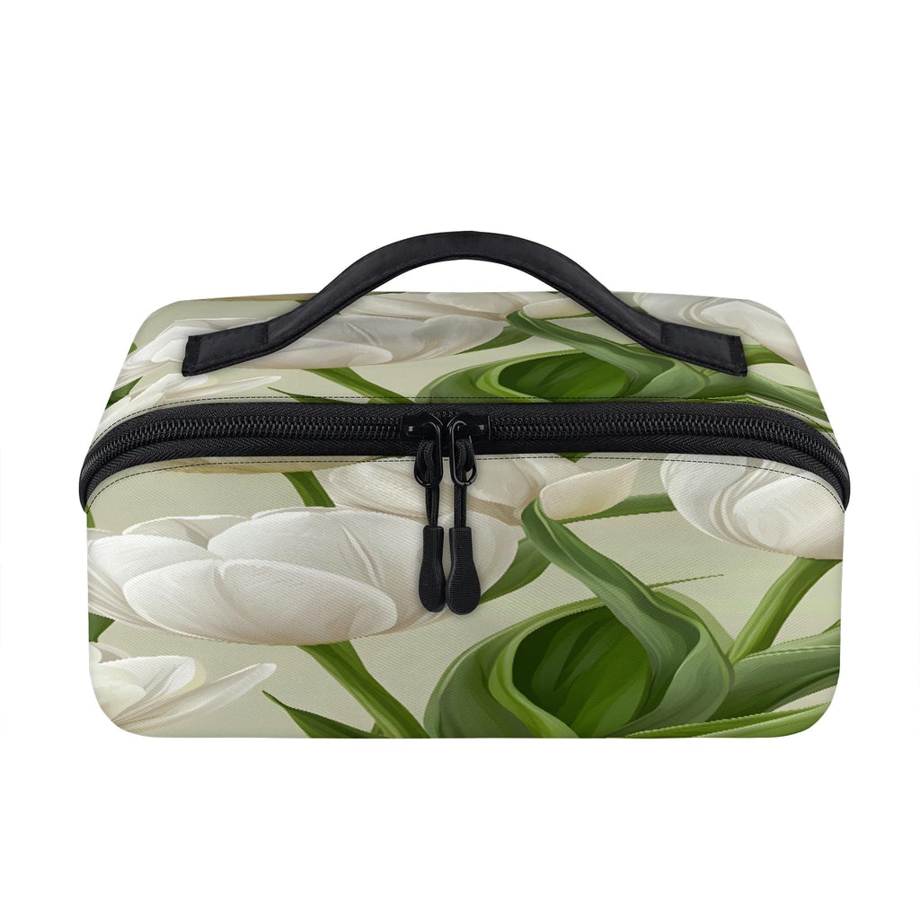 LMHRMWGB White Lily Blooms Travel Makeup Bag, 180° Wide Open Toiletry Bag with Brush Holder, Waterproof Polyester Travel Cosmetic Organizer with Dual Side Pockets for Women