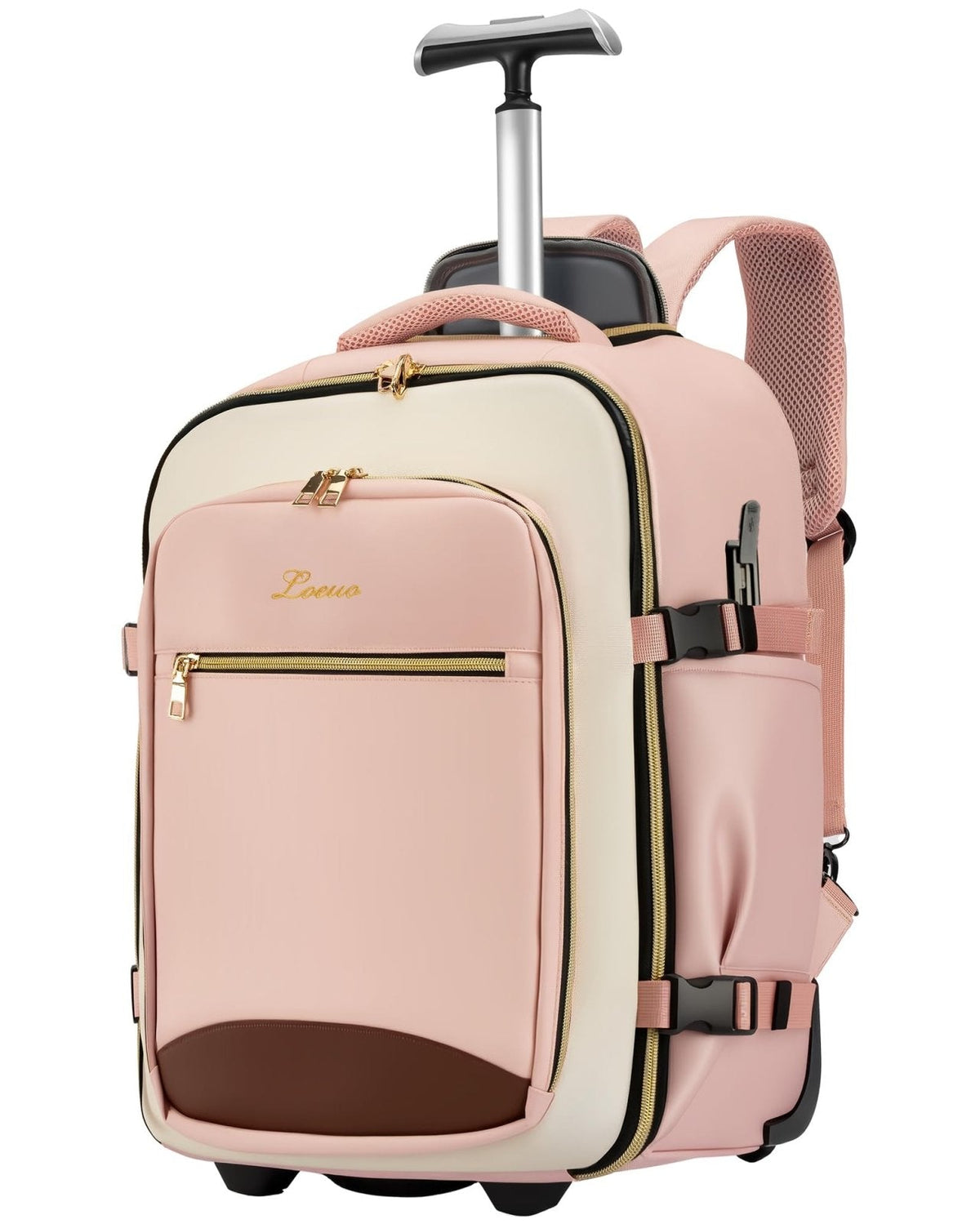 LOEUO Carry On Backpack with Wheels for Adults, Airline Approved Rolling Backpack for Women, Foldable Bottom Travel Laptop Backpack (Pink)