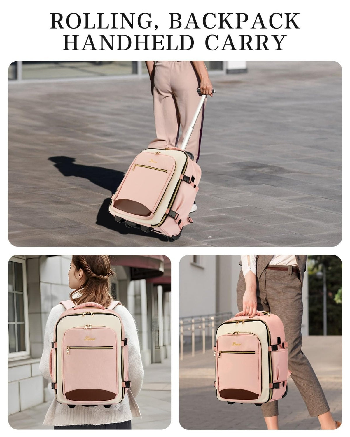 LOEUO Carry On Backpack with Wheels for Adults, Airline Approved Rolling Backpack for Women, Foldable Bottom Travel Laptop Backpack (Pink)