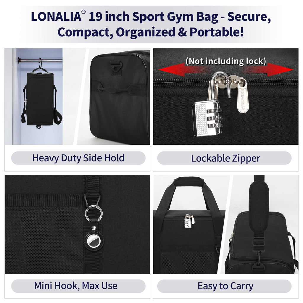 LONALIA 35L Sports Gym Duffle Bag - 19 inch Weekender Duffel for Workout, Basketball, Fitness, Training (Black)