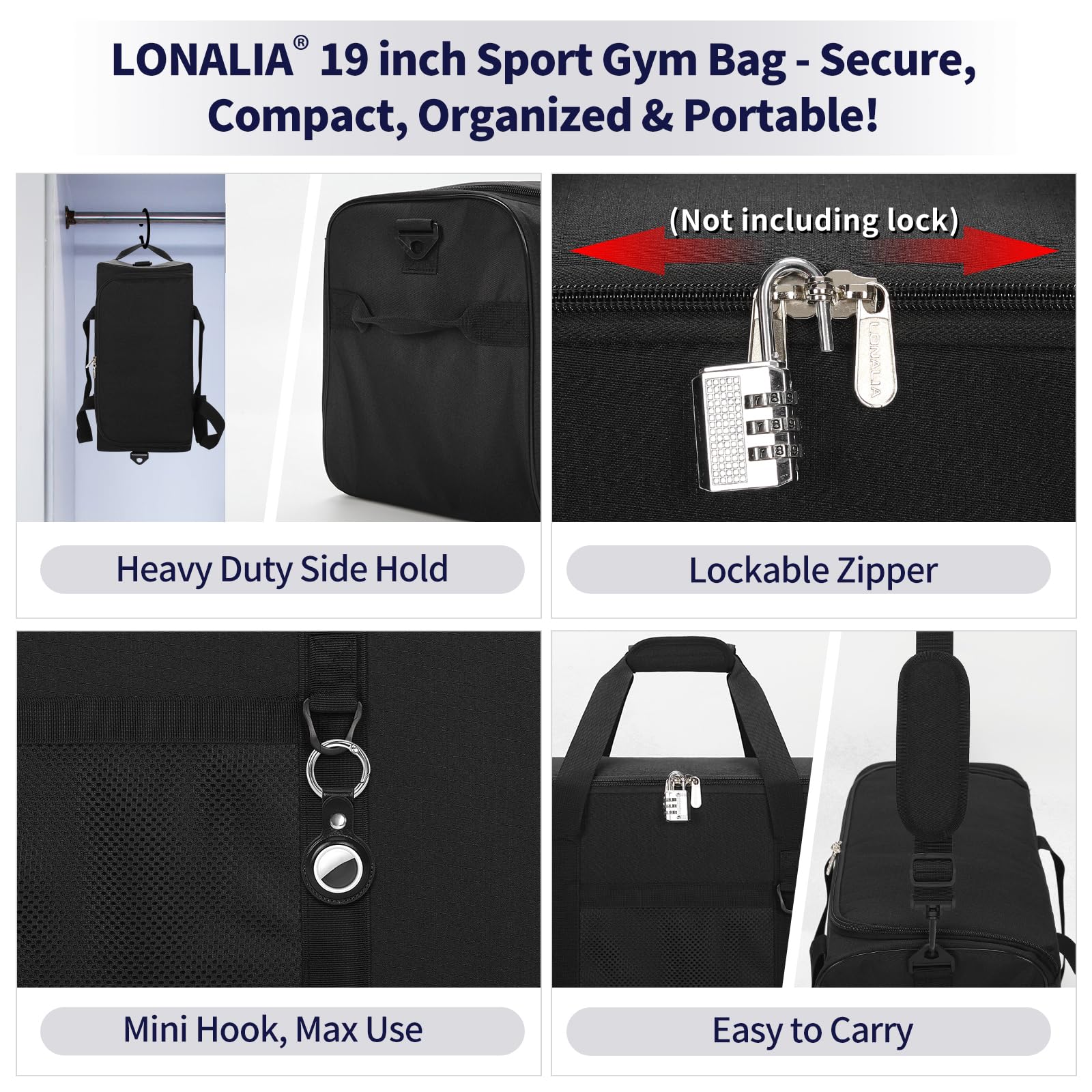 LONALIA 35L Sports Gym Duffle Bag - 19 inch Weekender Duffel for Workout, Basketball, Fitness, Training (Black)