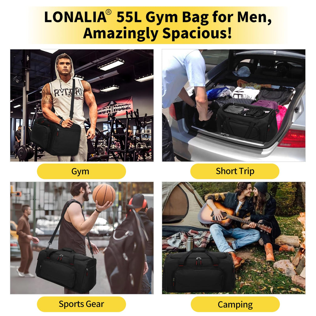 LONALIA 55L Sports Gym Duffle Bag for Men - 22 inch Large Duffel bag for Workout, Travel, Weekender, Fitness (Black)