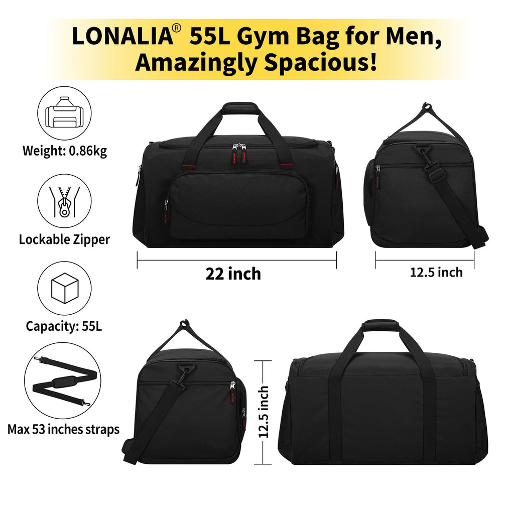 LONALIA 55L Sports Gym Duffle Bag for Men - 22 inch Large Duffel bag for Workout, Travel, Weekender, Fitness (Black)