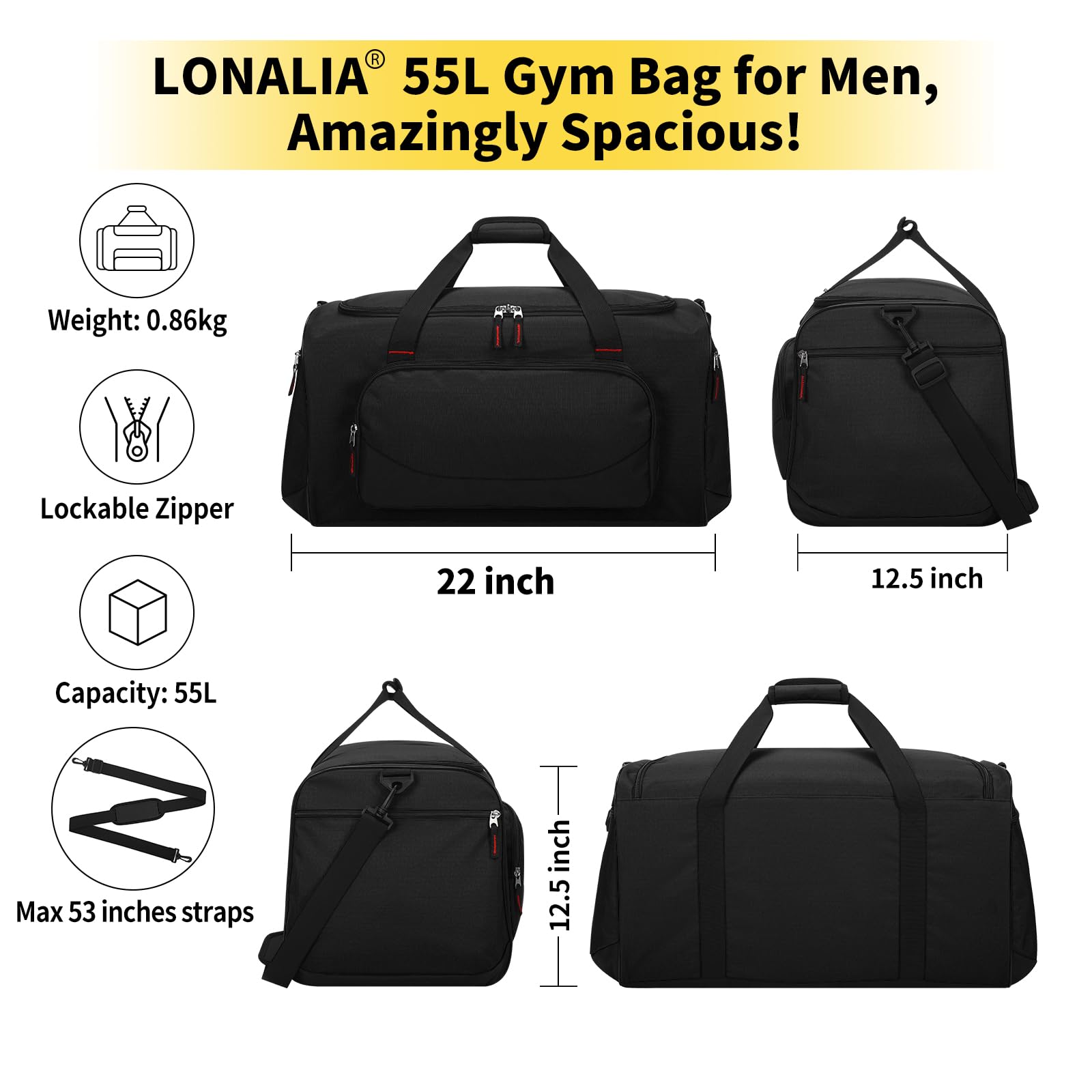 LONALIA 55L Sports Gym Duffle Bag for Men - 22 inch Large Duffel bag for Workout, Travel, Weekender, Fitness (Black)