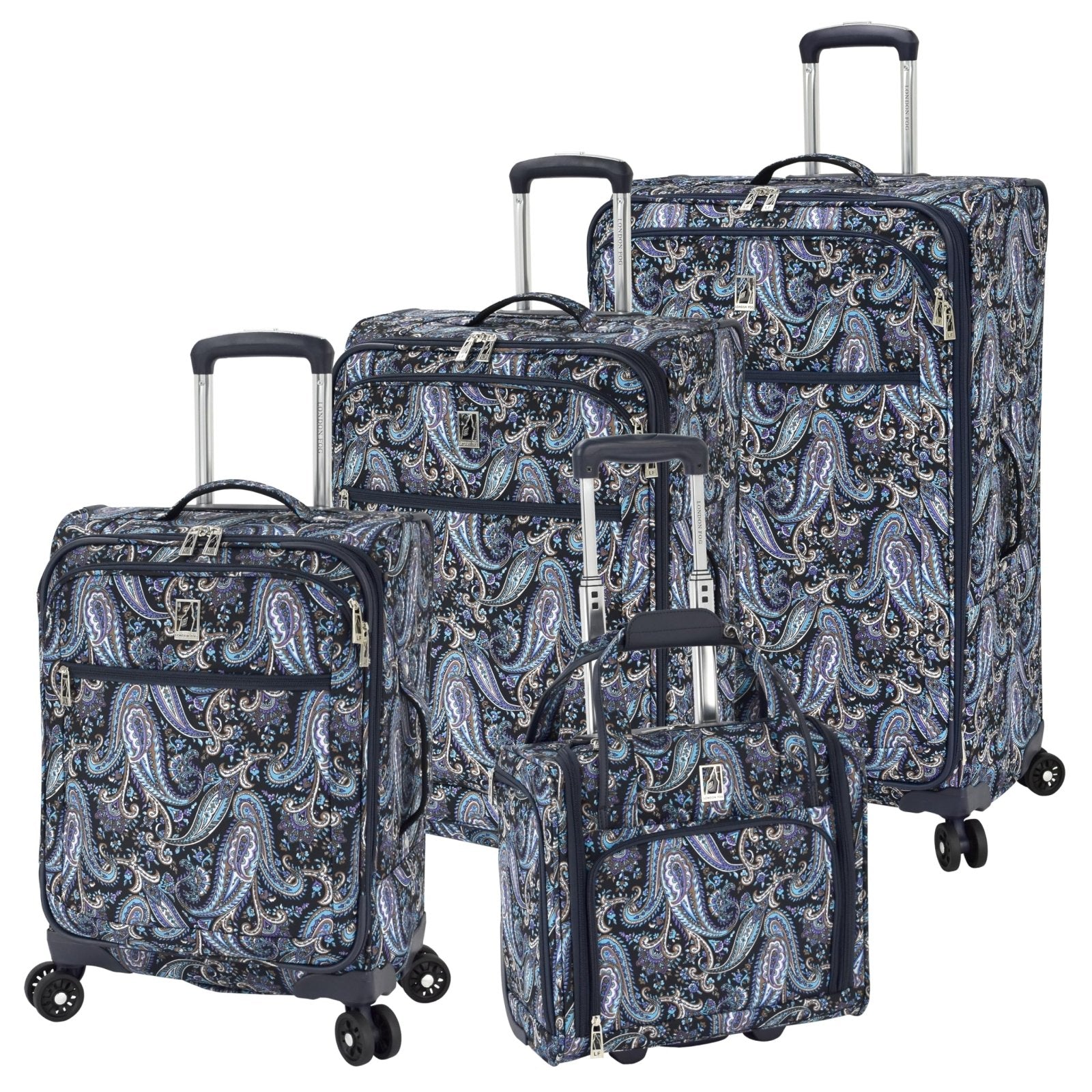 London Fog Mayfair 4 Piece Softside Luggage Set (USB, 20, 25 & 29), Navy White Paisley