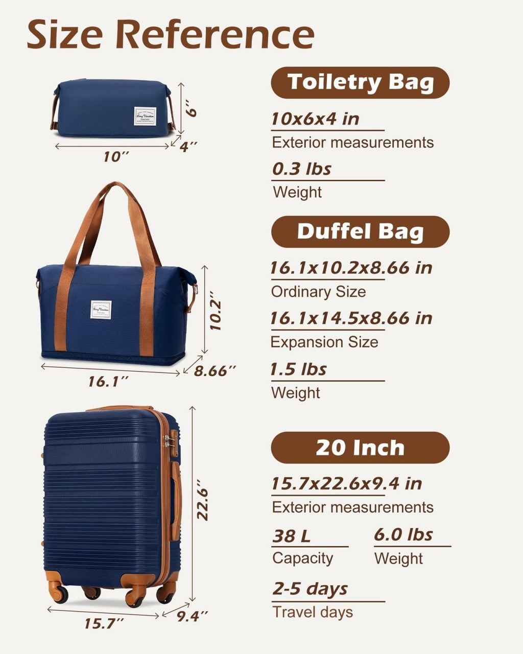 LONG VACATION 3 Piece Carry On Luggage 20 Inch Carryon Suitcase with Spinner Wheels, ABS+PC Hardshell Suitcase set with TSA Lock & YKK Zipper