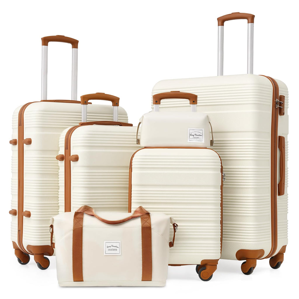 LONG VACATION 6 Piece ABS+PC Hardshell Luggage Set with Spinner Wheels, Lightweight suitcase set with TSA Lock & YKK Zipper