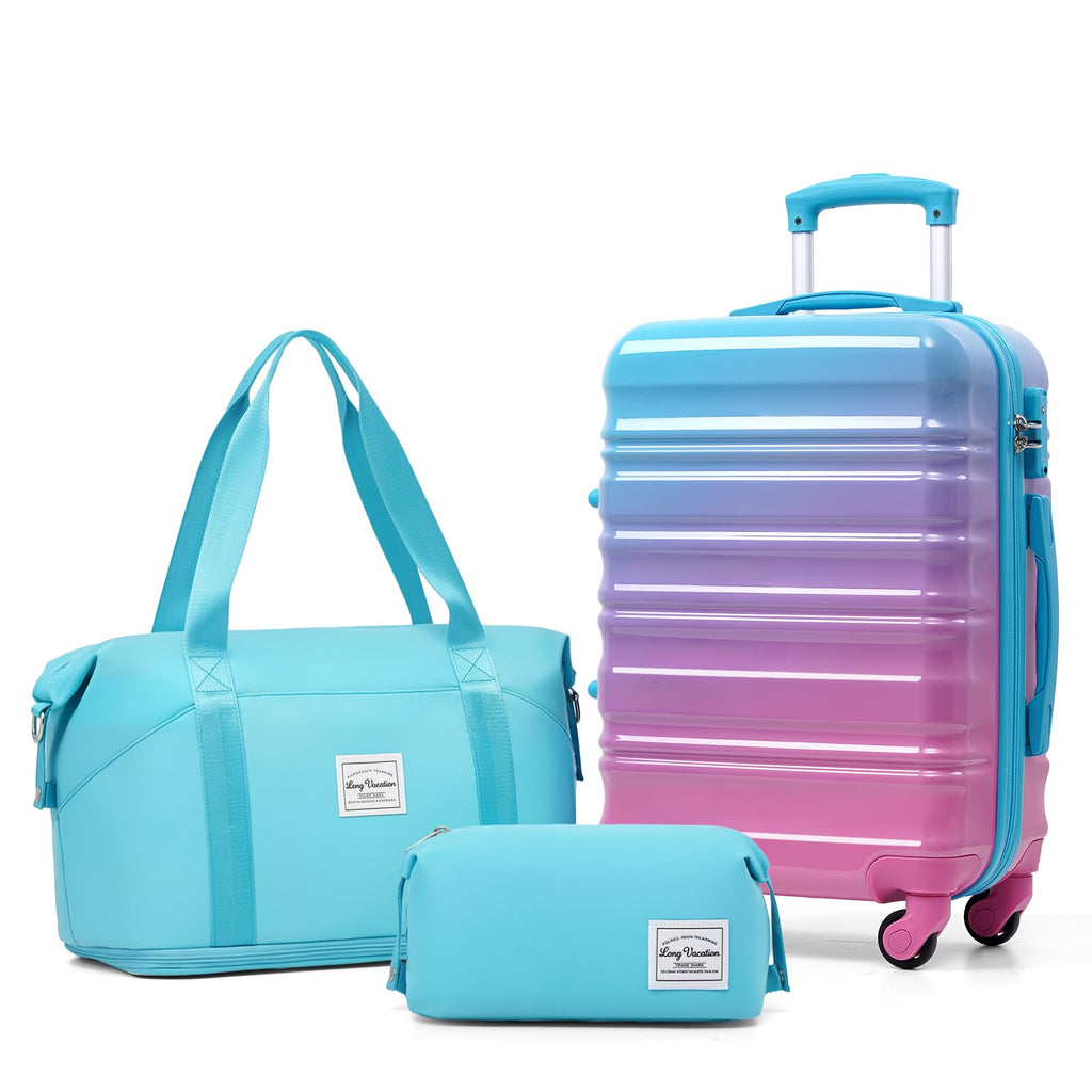 LONG VACATION Carry On Luggage Sets 3 Piece 20 Inch Suitcase Set, ABS+PC Hardshell Lightweight Travel Luggage with Spinner Wheels & YKK Zipper TSA Lock (Blue and Pink, 20 INCH)