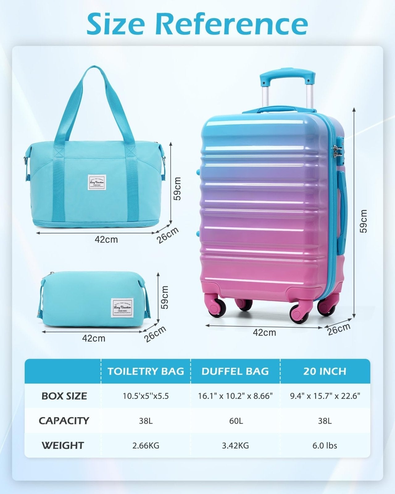 LONG VACATION Carry On Luggage Sets 3 Piece 20 Inch Suitcase Set, ABS+PC Hardshell Lightweight Travel Luggage with Spinner Wheels & YKK Zipper TSA Lock (Blue and Pink, 20 INCH)