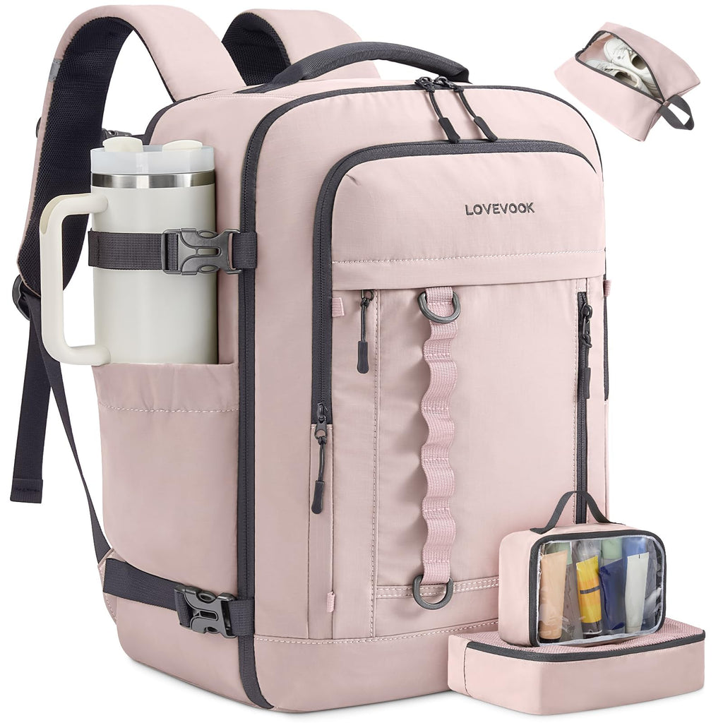 LOVEVOOK 40L Travel Backpack for Men Women, Waterproof Carry On Backpack for Work & Travel, Flight Approved Personal Item with 3 Packing Cubes, TSA Bag Fits 17.3" Laptop,Light pink