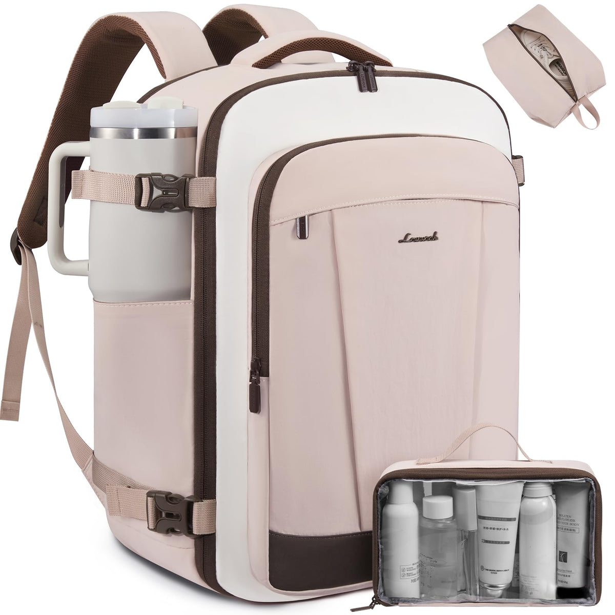 LOVEVOOK 40L Travel Backpack for Women & Men, Airline Approved Carry On Backpack, TSA Personal Item Bag fits 17.3 Inch Laptop, Waterproof Weekender Overnight Bags Suitcase for Work, Light Pink