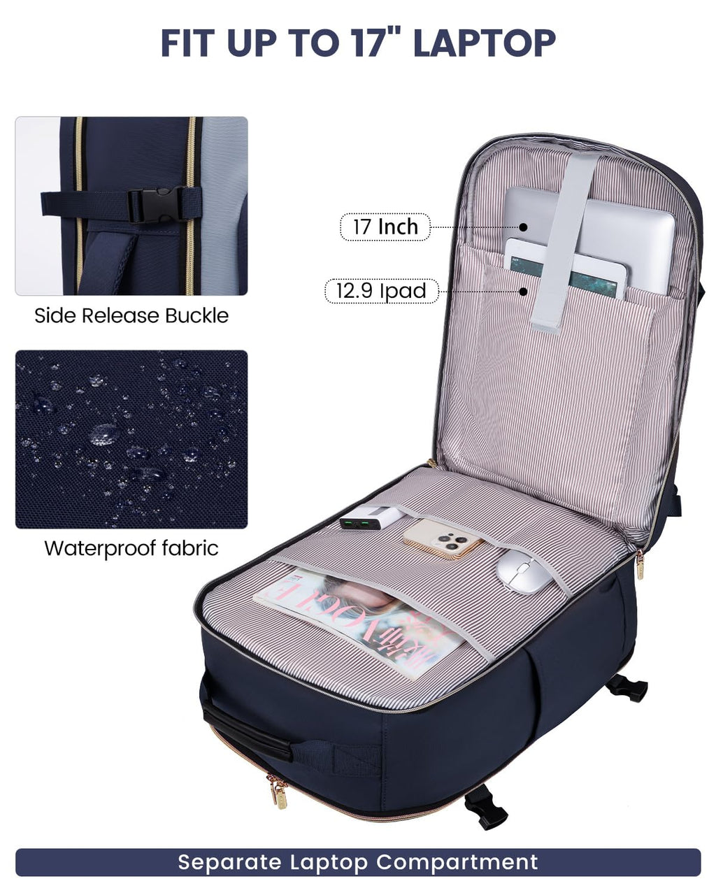 LOVEVOOK 40L Travel Backpack for Women & Men, Airline Approved Carry On Luggage with 3 Packing Cubes, TSA Overnight Bags, Waterproof Personal Item Bag, Weekender Essentials Backpacks fits 17" Laptop