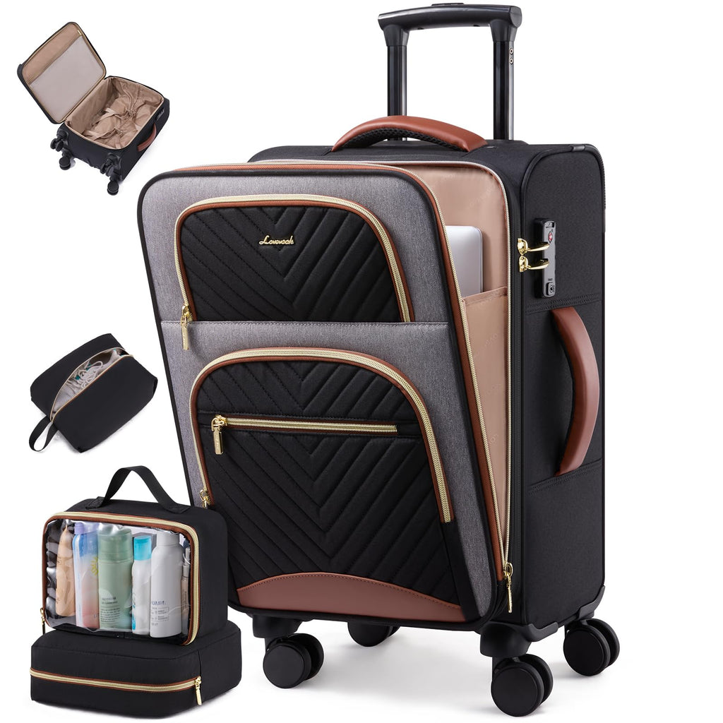 LOVEVOOK Carry on Luggage 22x14x9 Airline Approved, Waterproof Carry on Suitcase with 3 Pouches,Lightweight Softside Underseat Travel Luggage with 360° Spinner Wheels,TSA Lock for Travel Business
