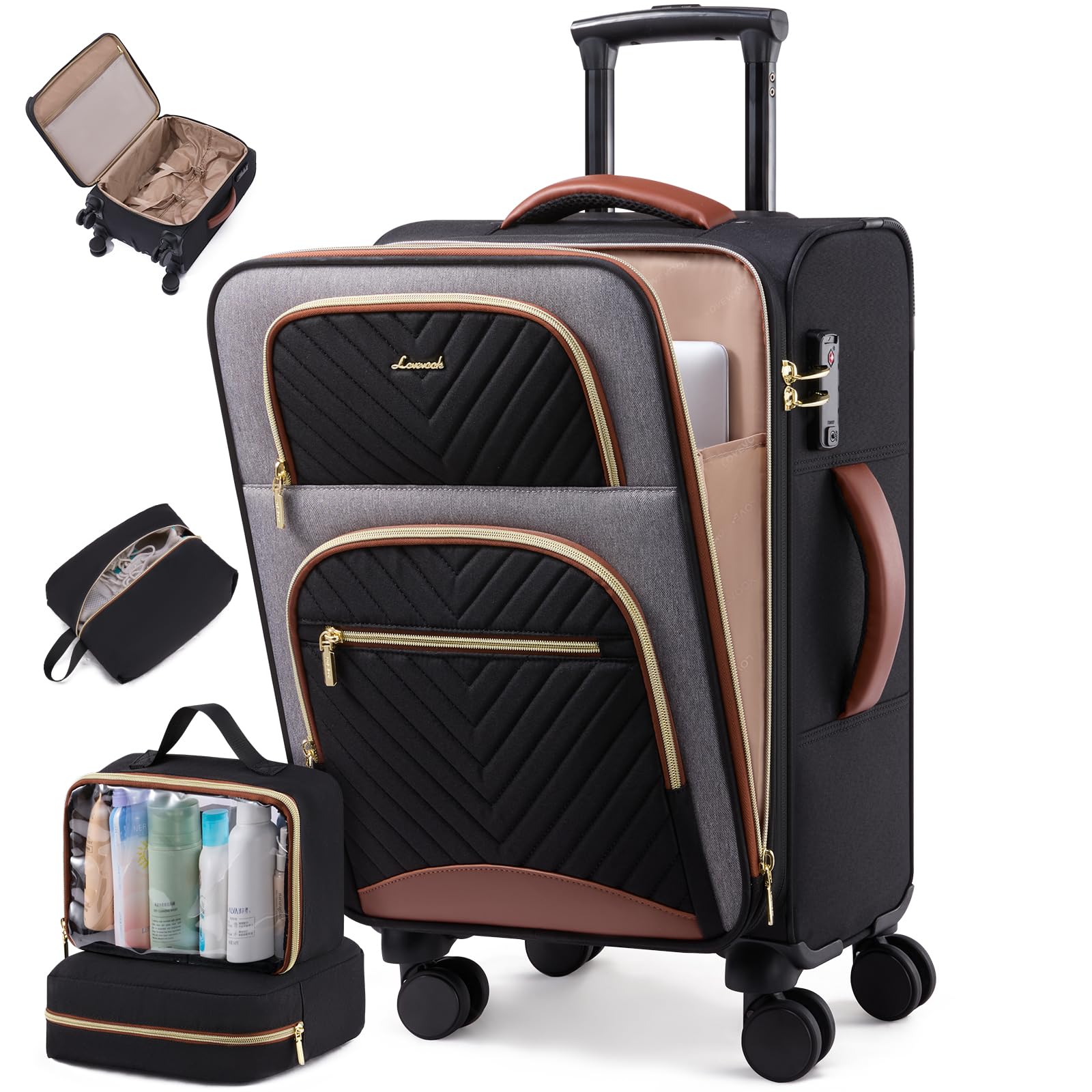 LOVEVOOK Carry on Luggage 22x14x9 Airline Approved, Waterproof Carry on Suitcase with 3 Pouches,Lightweight Softside Underseat Travel Luggage with 360° Spinner Wheels,TSA Lock for Travel Business