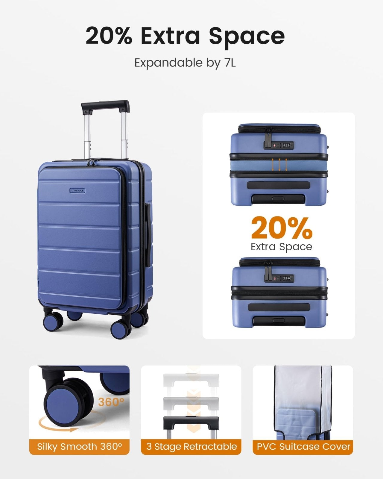 LOVEVOOK Carry On Luggage 22x14x9 Airline Approved with Spinner Wheels, 20 Inch Small Carry On Suitcase with TSA Lock, Expandable Hard Shell Suitcases for Men Women