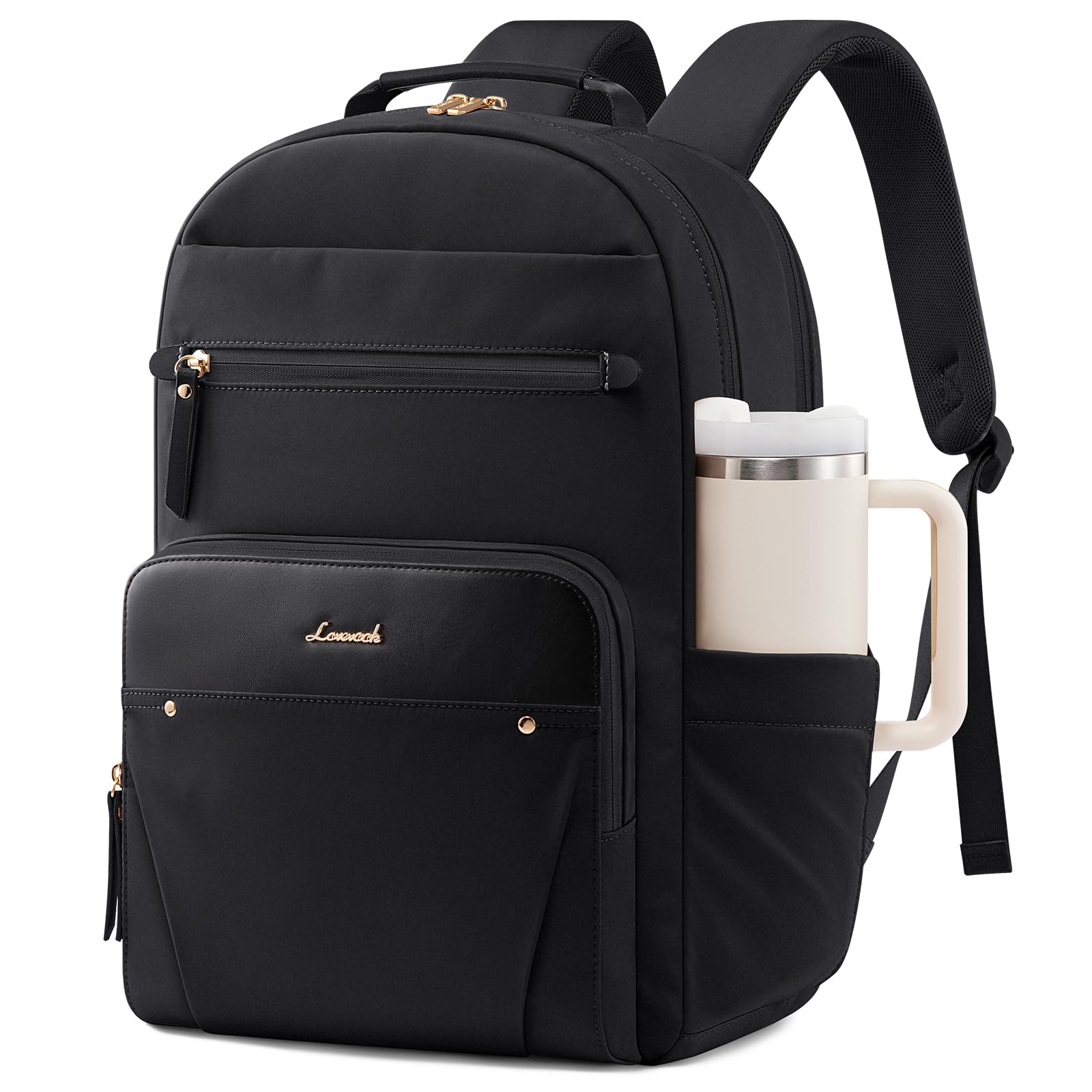 LOVEVOOK Laptop Backpack for Women with Leather Trim & Tumbler Pockets, 15.6" Work Backpack Purse, Travel Personal Item Bag, Carry On Business Computer Bag for Office, School, or Gift, Black