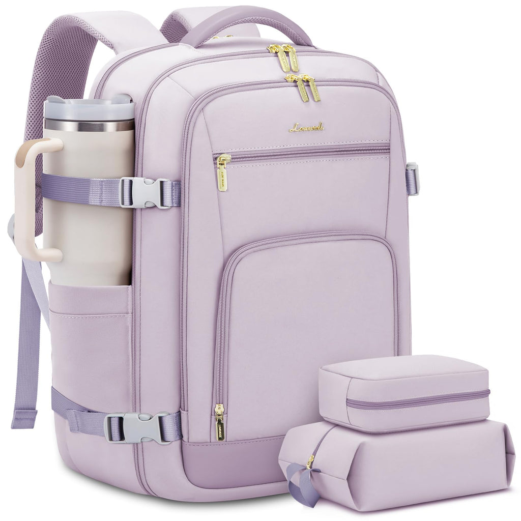 LOVEVOOK Travel Backpack For Women, 40L Carry On Backpack Flight Approved, TSA Personal Item Travel Bag Fits 17 Inch Laptop, Business Weekender Overnight Waterproof Daypack With 2 Cubes, Light Purple