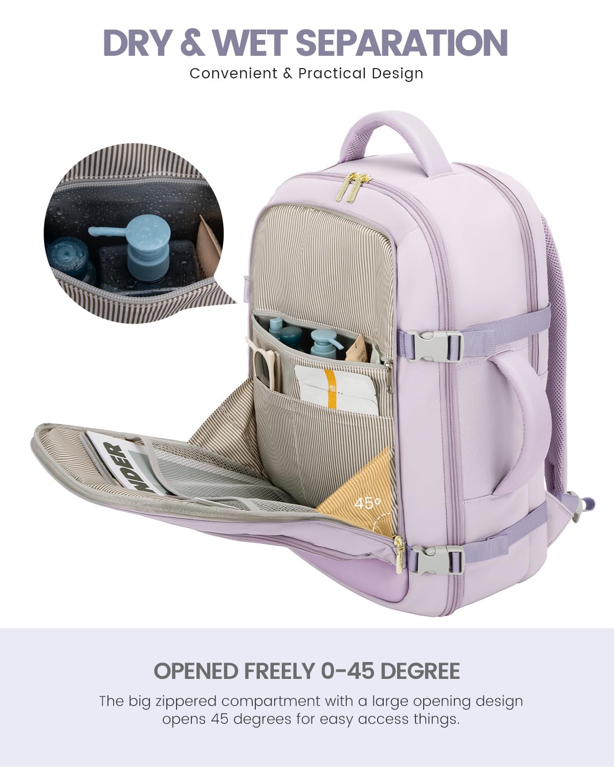 LOVEVOOK Travel Backpack For Women, 40L Carry On Backpack Flight Approved, TSA Personal Item Travel Bag Fits 17 Inch Laptop, Business Weekender Overnight Waterproof Daypack With 2 Cubes, Light Purple