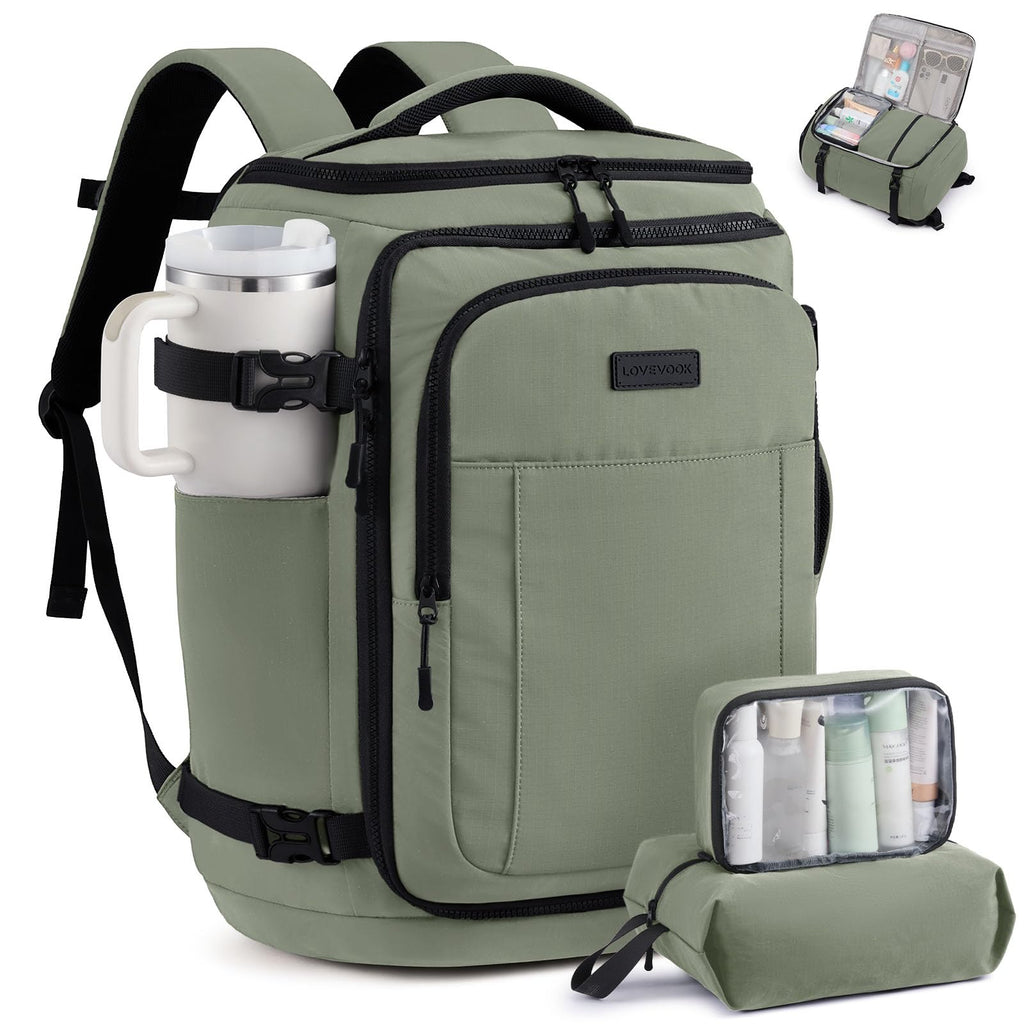 LOVEVOOK Travel Backpack for Women & Men, 25L Airline Approved Personal Item Carry On Backpack, Lightweight with 2 Packing Cubes, Waterproof Daypack for Work, Gym & Weekend Travel, Slate Green-Black