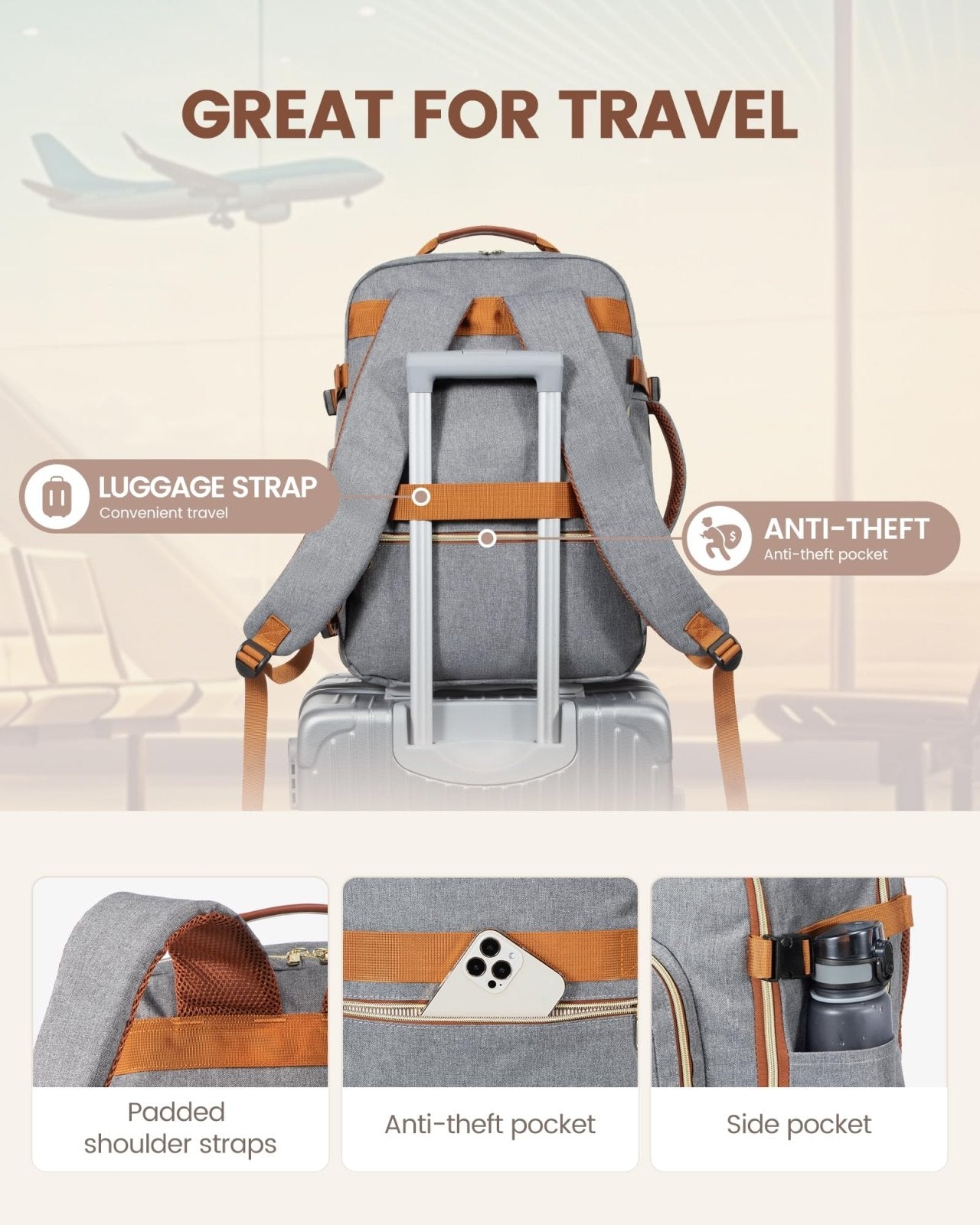 LOVEVOOK Travel Backpack for Women & Men 40L,Airline Approved Carry On Backpack Travel Essentials,TSA Carry on Luggage,Waterproof Personal Item Travel Bag,Suitcase with 3 Packing Cubes,Grey - Brown