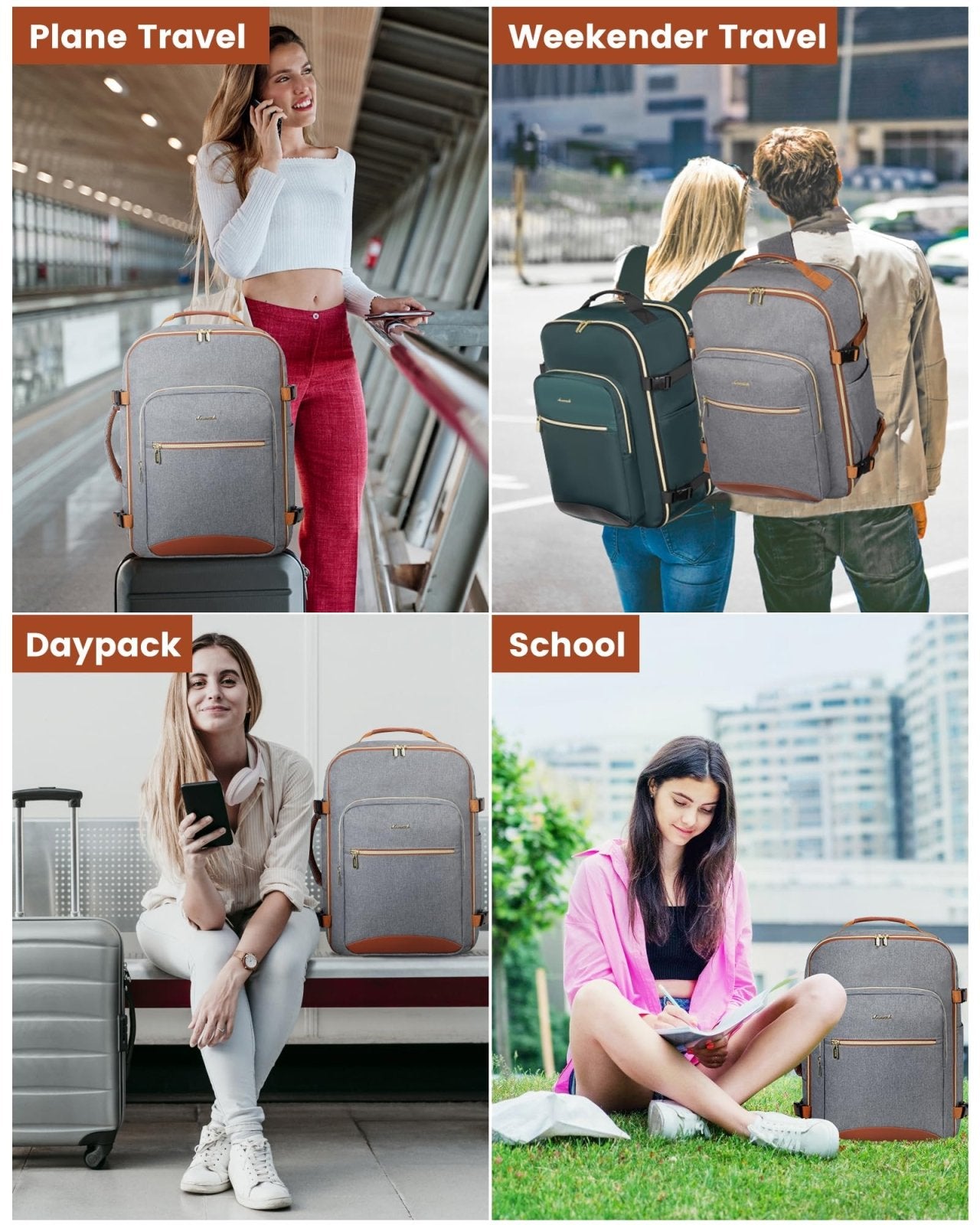 LOVEVOOK Travel Backpack for Women & Men 40L,Airline Approved Carry On Backpack Travel Essentials,TSA Carry on Luggage,Waterproof Personal Item Travel Bag,Suitcase with 3 Packing Cubes,Grey - Brown