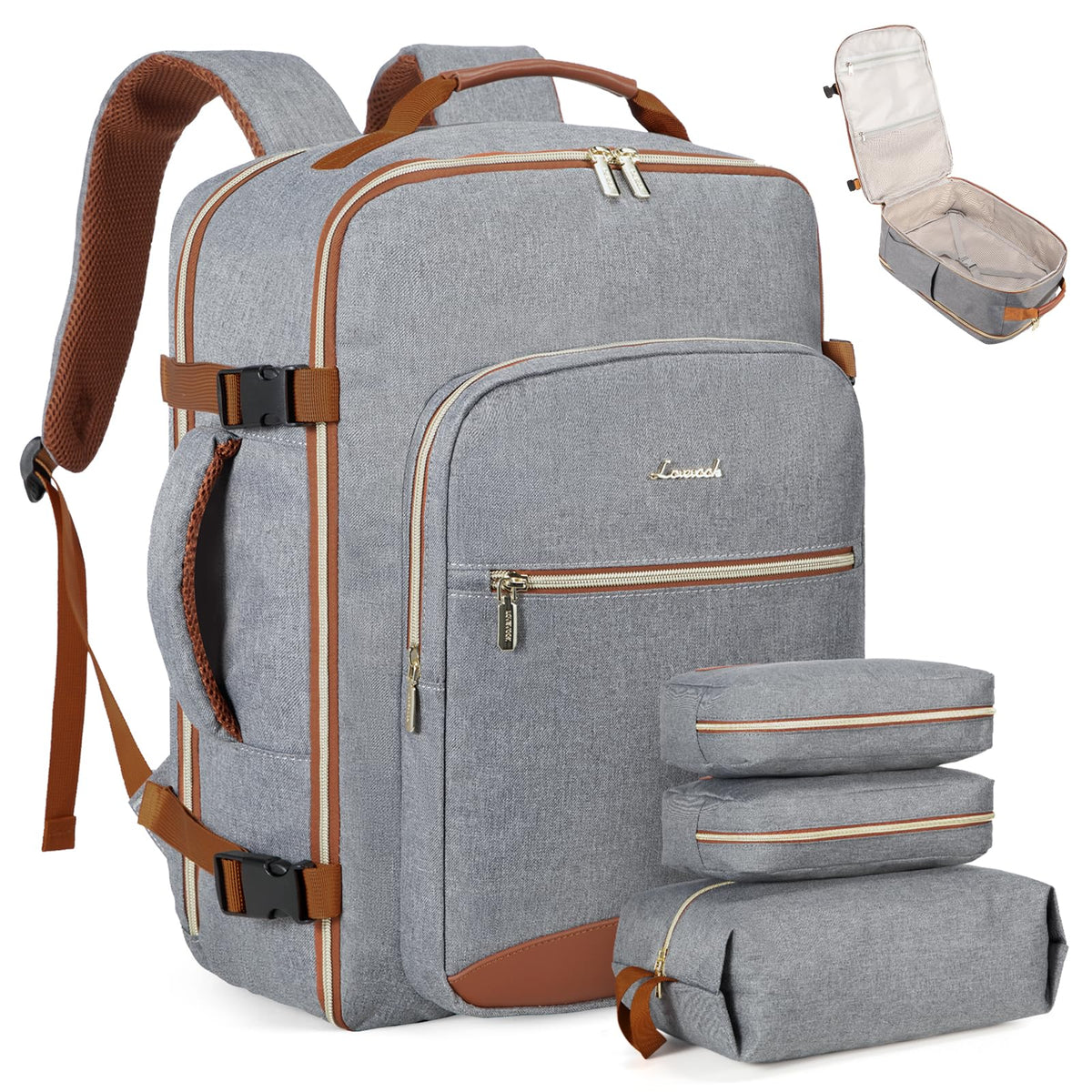LOVEVOOK Travel Backpack for Women & Men 40L,Airline Approved Carry On Backpack Travel Essentials,TSA Carry on Luggage,Waterproof Personal Item Travel Bag,Suitcase with 3 Packing Cubes,Grey-Brown
