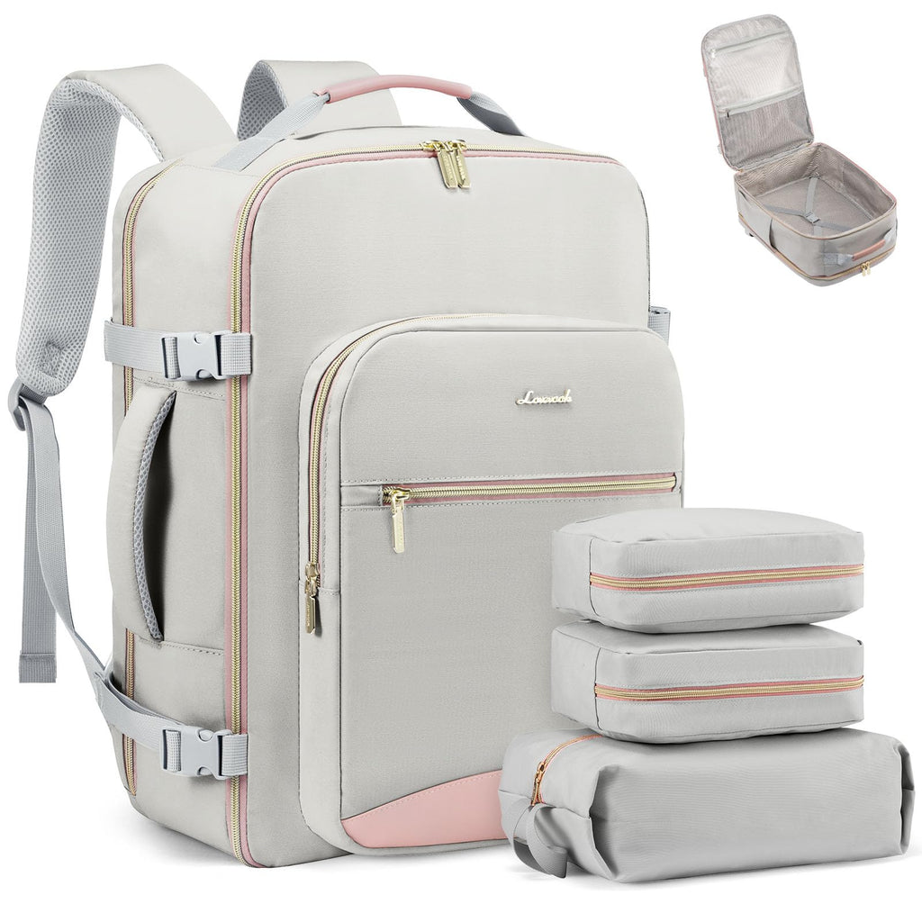 LOVEVOOK Travel Backpack for Women & Men 50L,Airline Approved Carry On Backpack Travel Essentials,TSA Carry on Luggage,Waterproof Personal Item Travel Bag,Suitcase with 3 Packing Cubes,Light gray-Pink