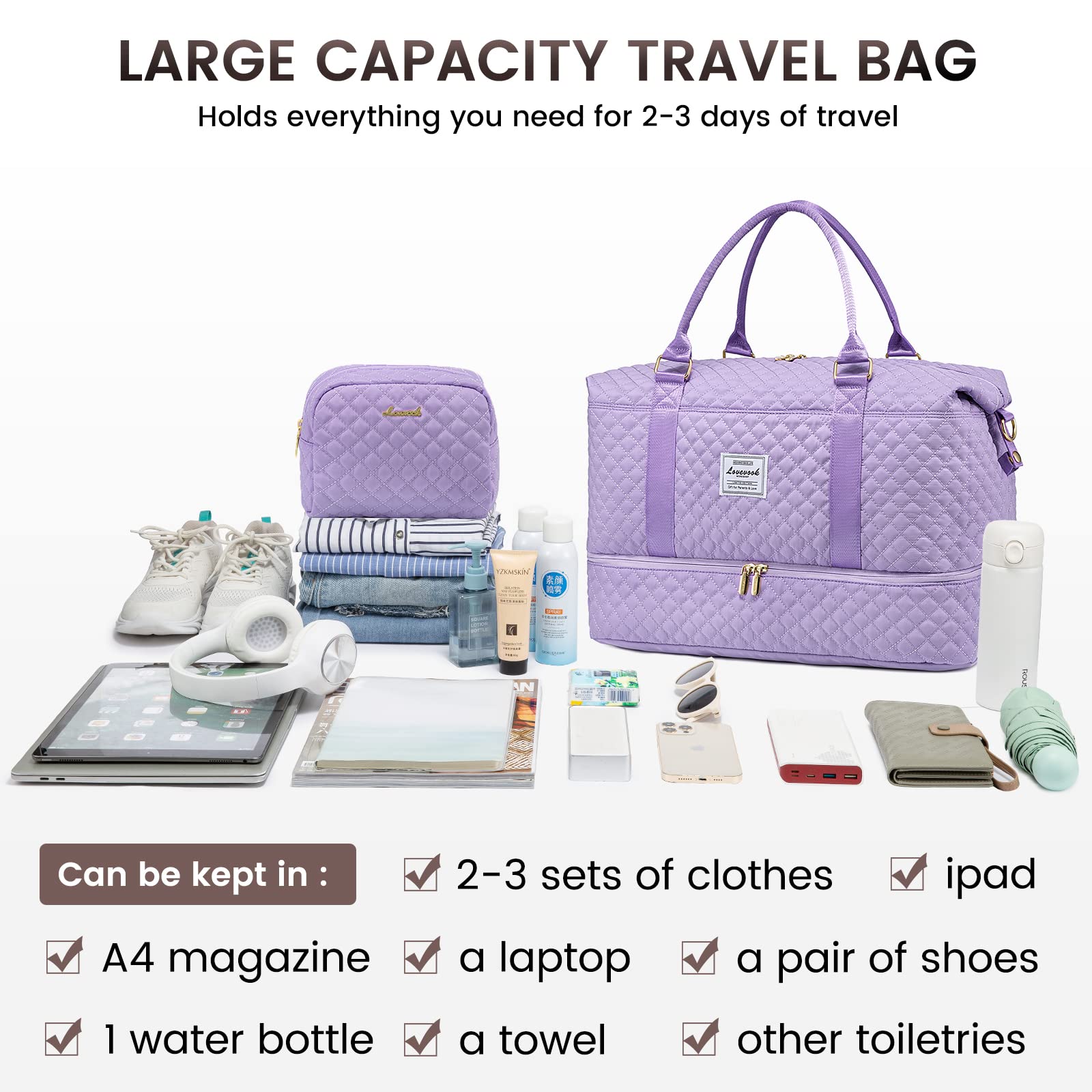 LOVEVOOK Travel Duffle Bag, Weekender Bags for Women with Shoe Compartment, Carry on Overnight Bag with Toiletry Bag, Gym Duffel Bag with Wet Pocket, Hospital Bags for Labor and Delivery, Purple