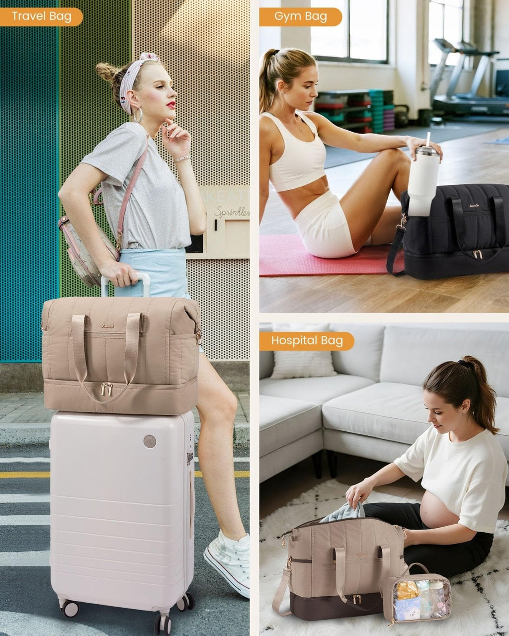 LOVEVOOK Travel Duffle Bag,Puffer Weekender Bags For Women with Shoe Compartment,42L Carry On Duffel Overnight Bags For Airplanes,Hospital Bag for Labor and Delivery,3Pcs Set