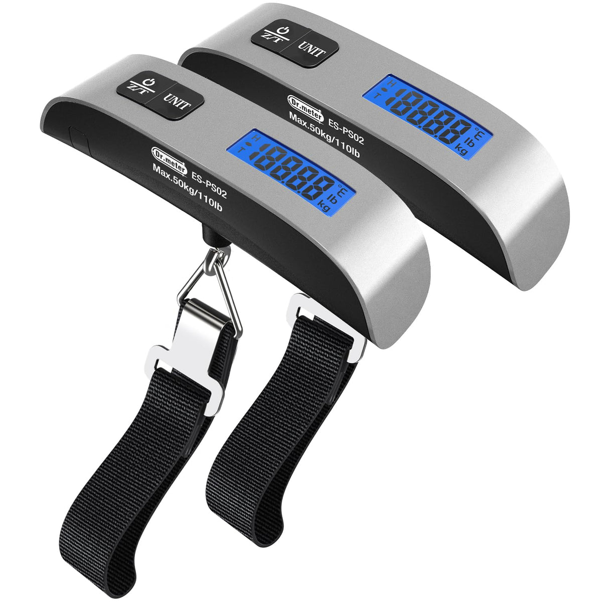 Luggage Scale 2 Pack Dr.meter Travel Scale Essentials Backlight LCD Display 110lb/50kg Luggage Weight Scale Portable Handheld Scale with Rubber Paint, Temperature Sensor, Battery Included