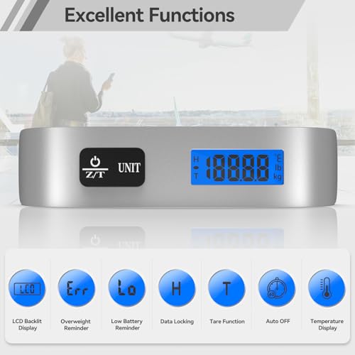 Luggage Scale Dr.meter Travel Essentials Luggage Weight Scale Backlight LCD Display 110lb/50kg Electronic Balance Digital Postal Travel Accessories with Rubber Paint Handle Temperature Sensor Silver