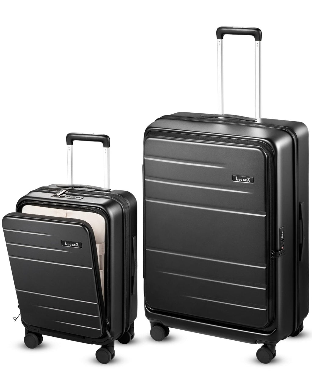 Luggage Sets 2 Piece, FLO5 Expandable Polycarbonate Hard Shell Suitcase Sets with Front Pocket (FX-Core, Black, 20/28 Inch)
