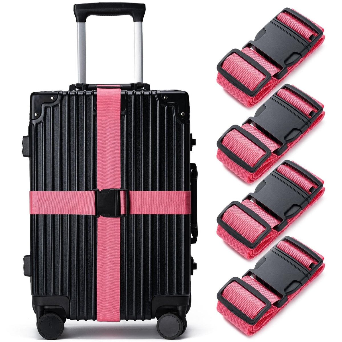 Luggage Straps for Suitcases 4 Pack, TSA Approved Travel Essentials, Luggage Strap for Travel Suitcase & Bag Closure and for Easy Identification, Travel Accessories for Safety & Convenience (Rose Red)