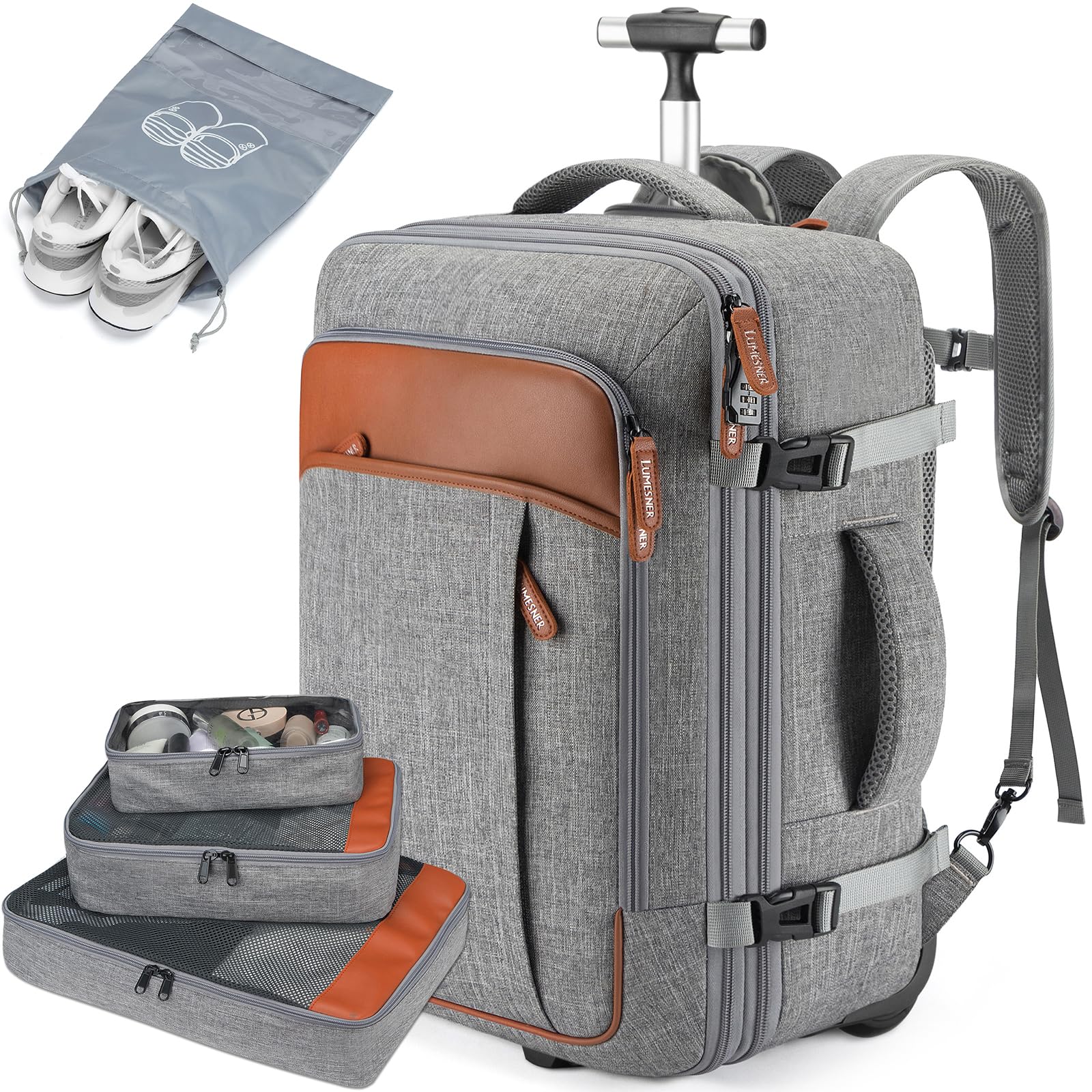 Lumesner Rolling Backpack for Men and Women, Extra Large 42L Travel Backpack with Wheels, 17.3 Inch Carry-On Laptop Bag with 4 packing cubes for Business and Work, Large Capacity Rolling Bag, Grey
