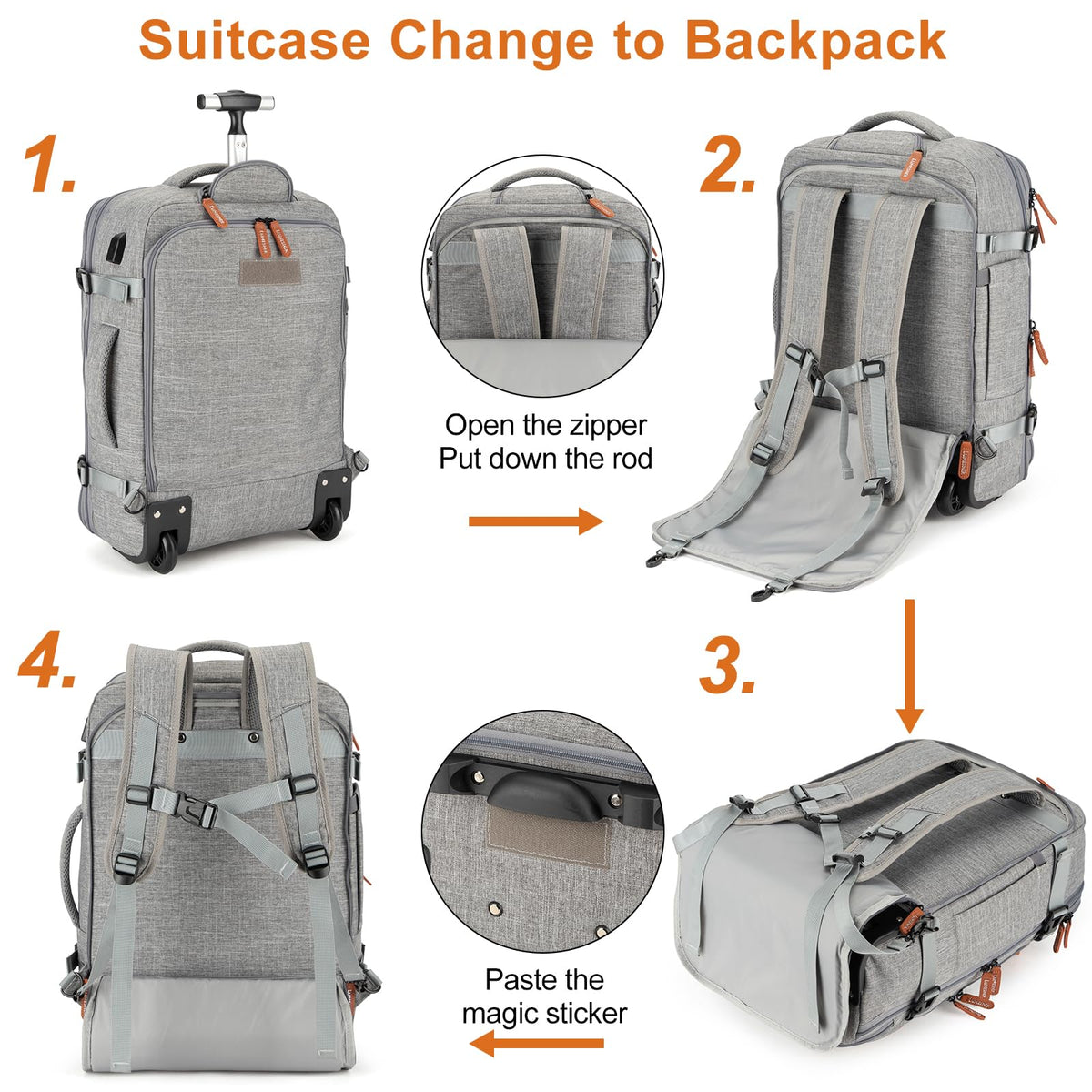 Lumesner Rolling Backpack for Men and Women, Extra Large 42L Travel Backpack with Wheels, 17.3 Inch Carry - On Laptop Bag with 4 packing cubes for Business and Work, Large Capacity Rolling Bag, Grey