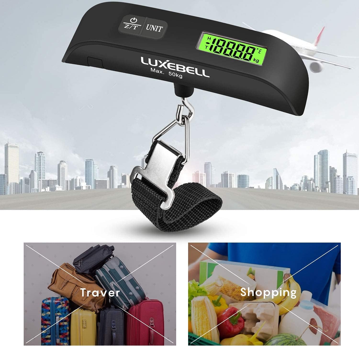 Luxebell Luggage Scale Portable Handheld Digital Suitcase Weight 110lbs Airplane Travel Essentials Gift LCD Backlight Temperature Sensor