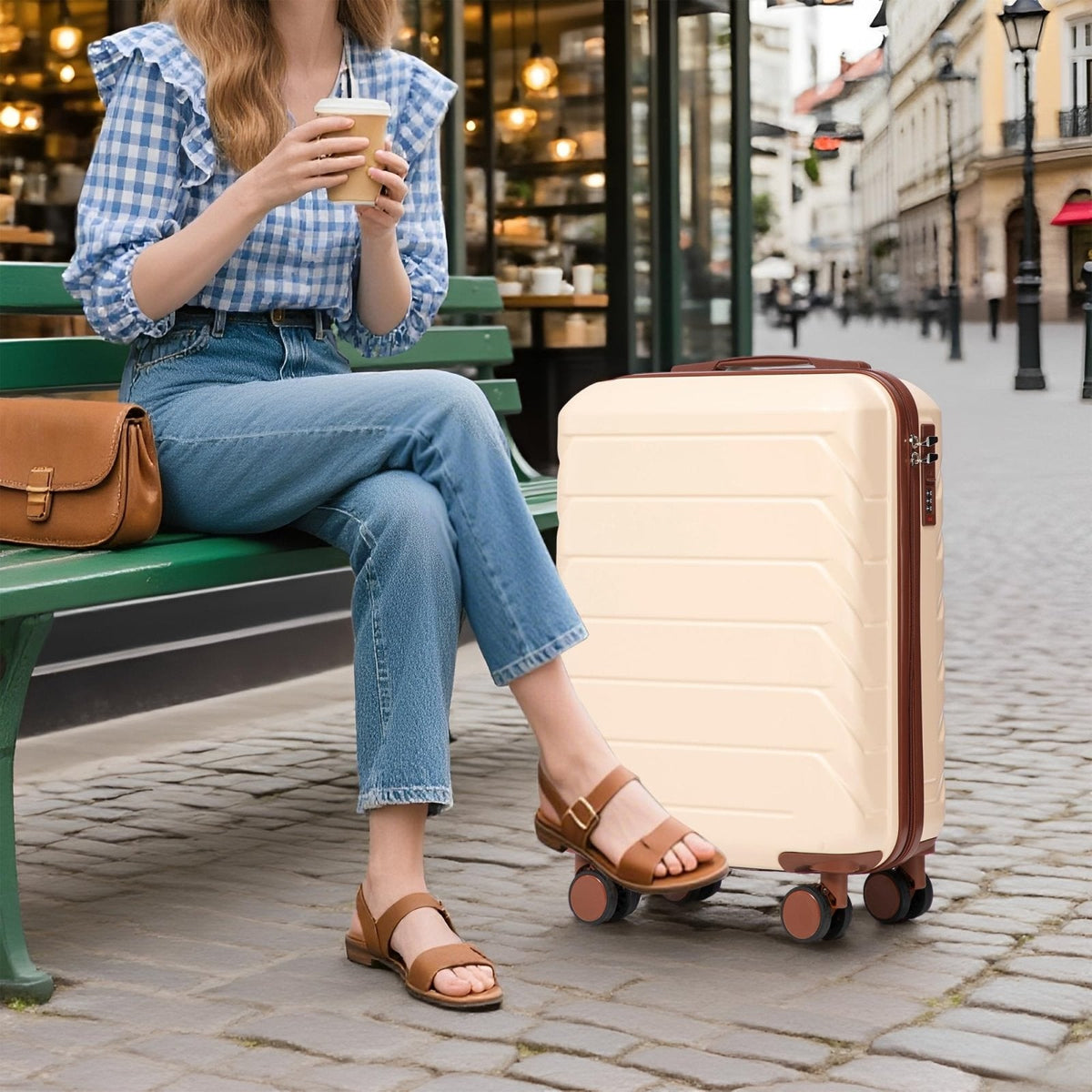 Luxebough Gradient Color Suitcase 2 - Piece Set, 20" Rotating Wheel Suitcase with 14" Cosmetic Case, Lightweight Durable Hardshell Luggage with 360° Spinner Wheels for Travel, Women & Girls (Beige)