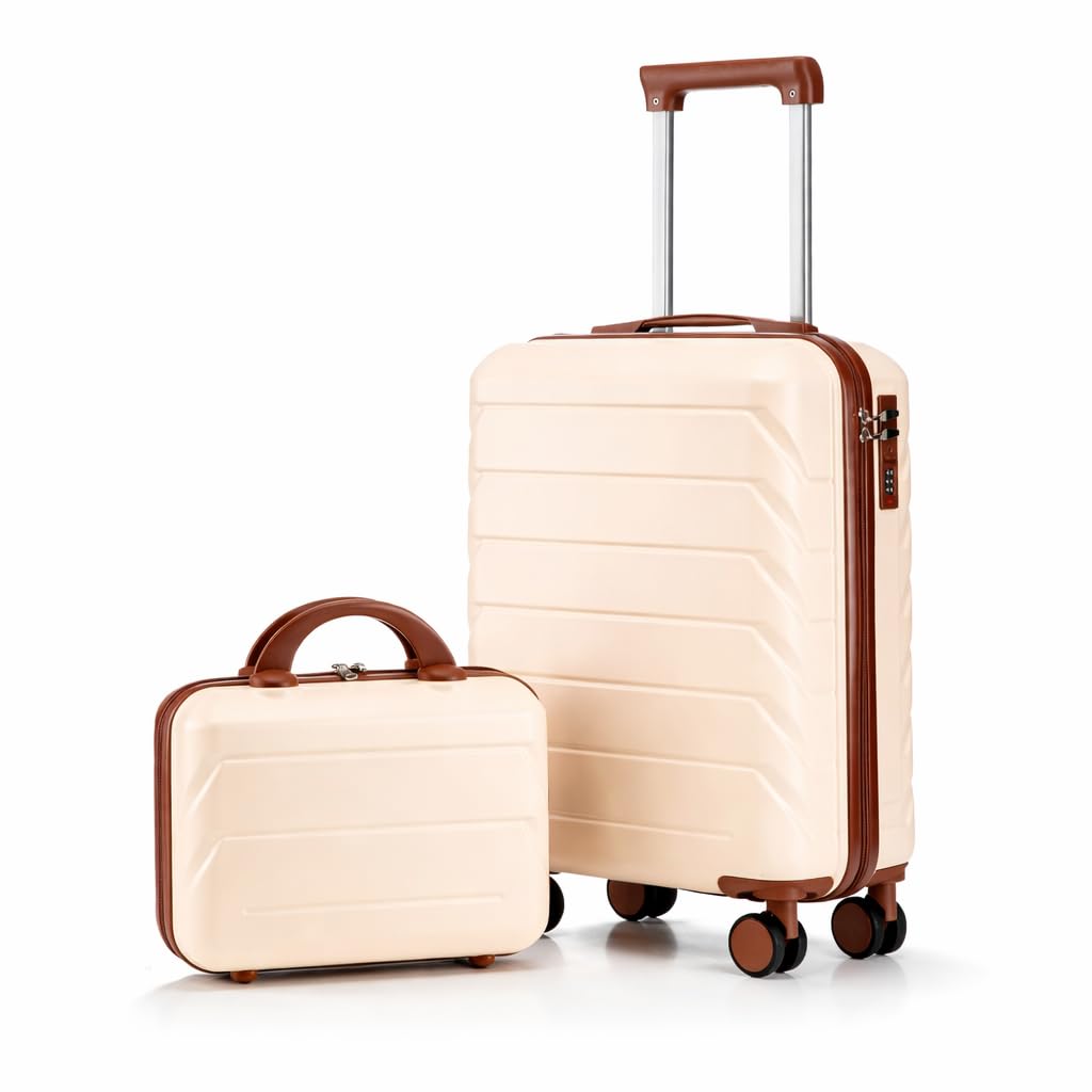 Luxebough Gradient Color Suitcase 2-Piece Set, 20" Rotating Wheel Suitcase with 14" Cosmetic Case, Lightweight Durable Hardshell Luggage with 360° Spinner Wheels for Travel, Women & Girls (Beige)