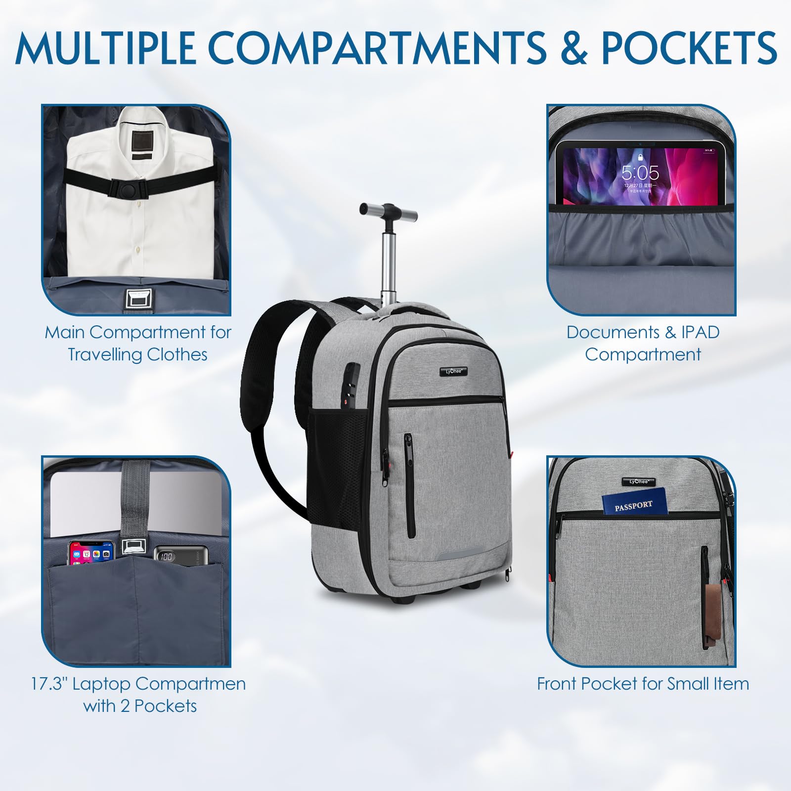 lychee Concealable Rolling Backpack - Adult Business Laptop Backpack with Wheels - 20 inch Invisible Shoulder Strap Waterproof Backpack with Roller - Suitcase Travel Bag,Grey