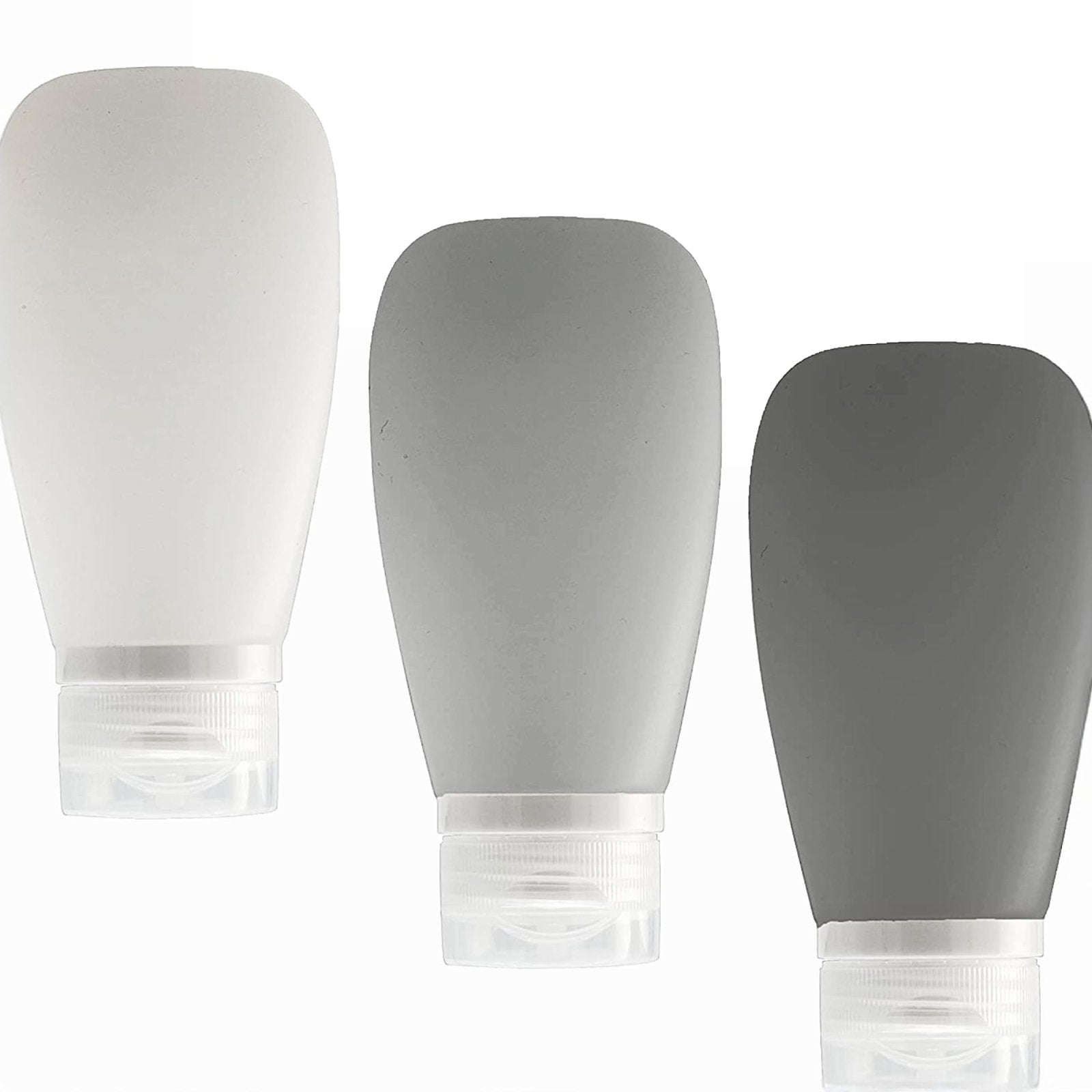 LYOB Travel Bottles for Toiletries, TSA Approved 3oz (90ml) Leak Proof Silicone Refillable Squeeze Travel Size Containers BPA Free for Cleansers, Lotions, Shampoo 3-pk (Black-Gray-White)