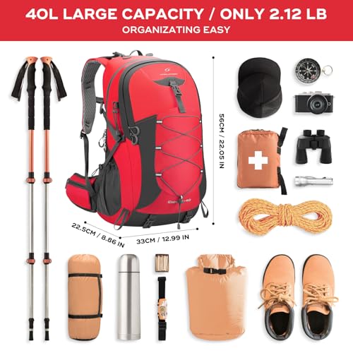 Maelstrom Hiking Backpack,Camping Backpack,40L Waterproof Hiking Daypack with Rain Cover,Lightweight Travel Backpack,Red